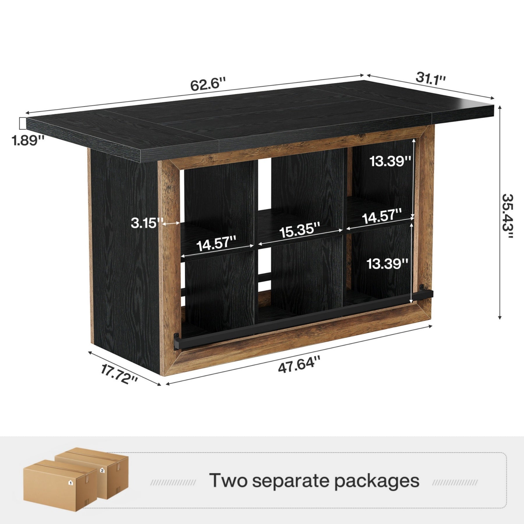 62.6" Kitchen Island, Counter Height Stationary Table with 6 Open Cubbies