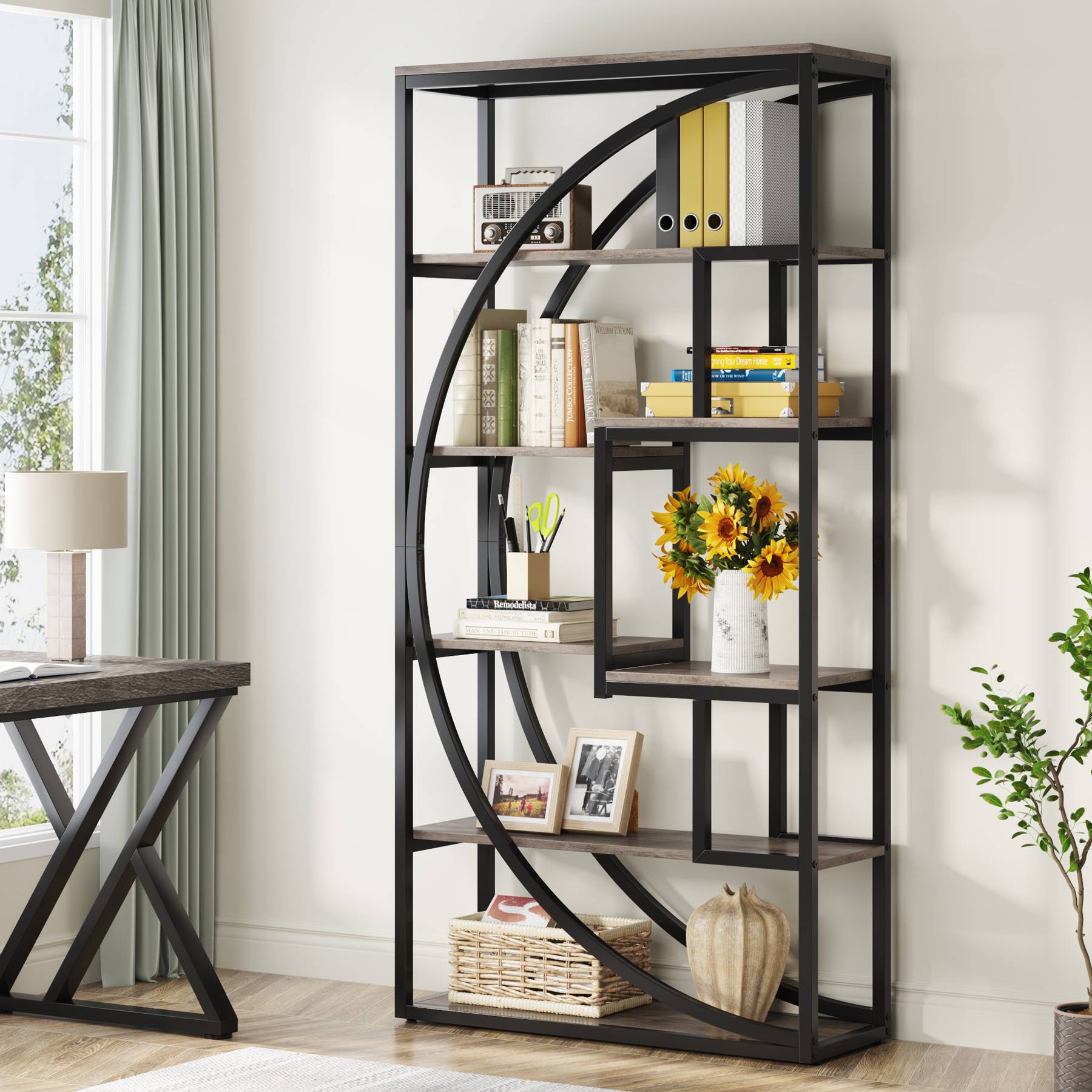 Industrial Bookshelf, 70" Bookcase with 8 Open Storage Shelf