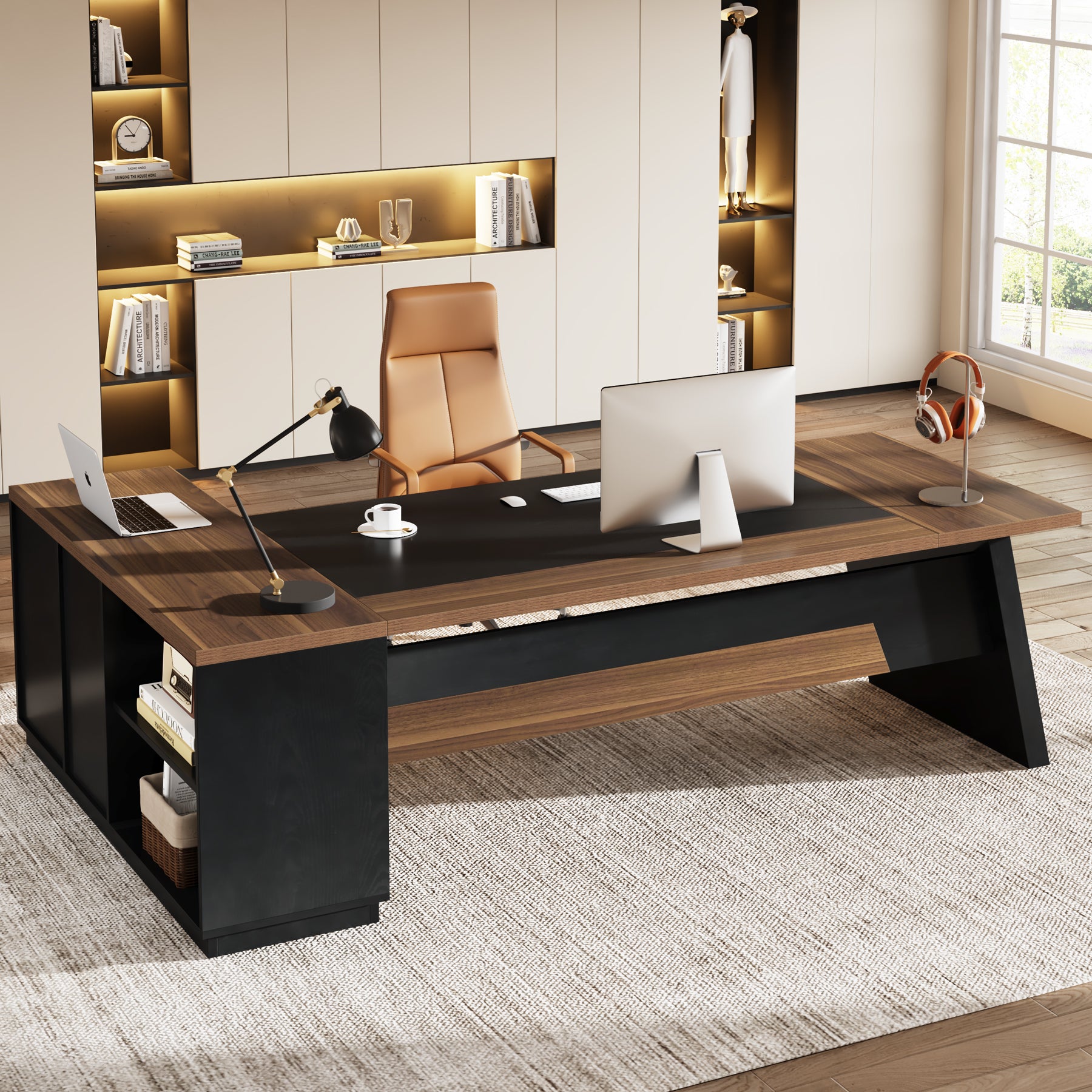 L - Shaped Executive Desk, 78" Office Desk with Drawers and Lateral File Cabinet Tribesigns#Color_Brown & Black