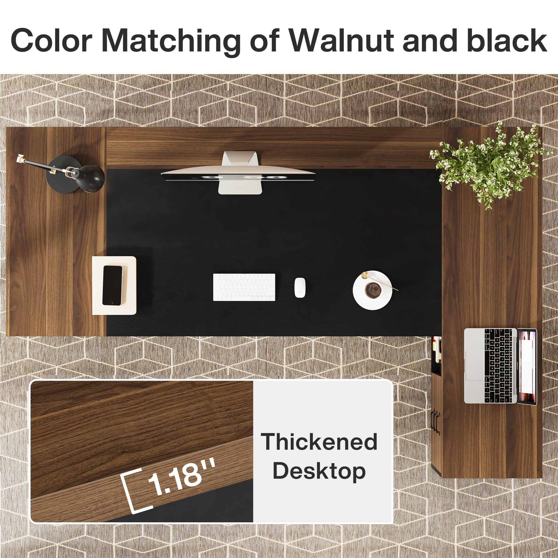 L-Shaped Executive Desk, 78" Office Desk with Drawers and Lateral File Cabinet