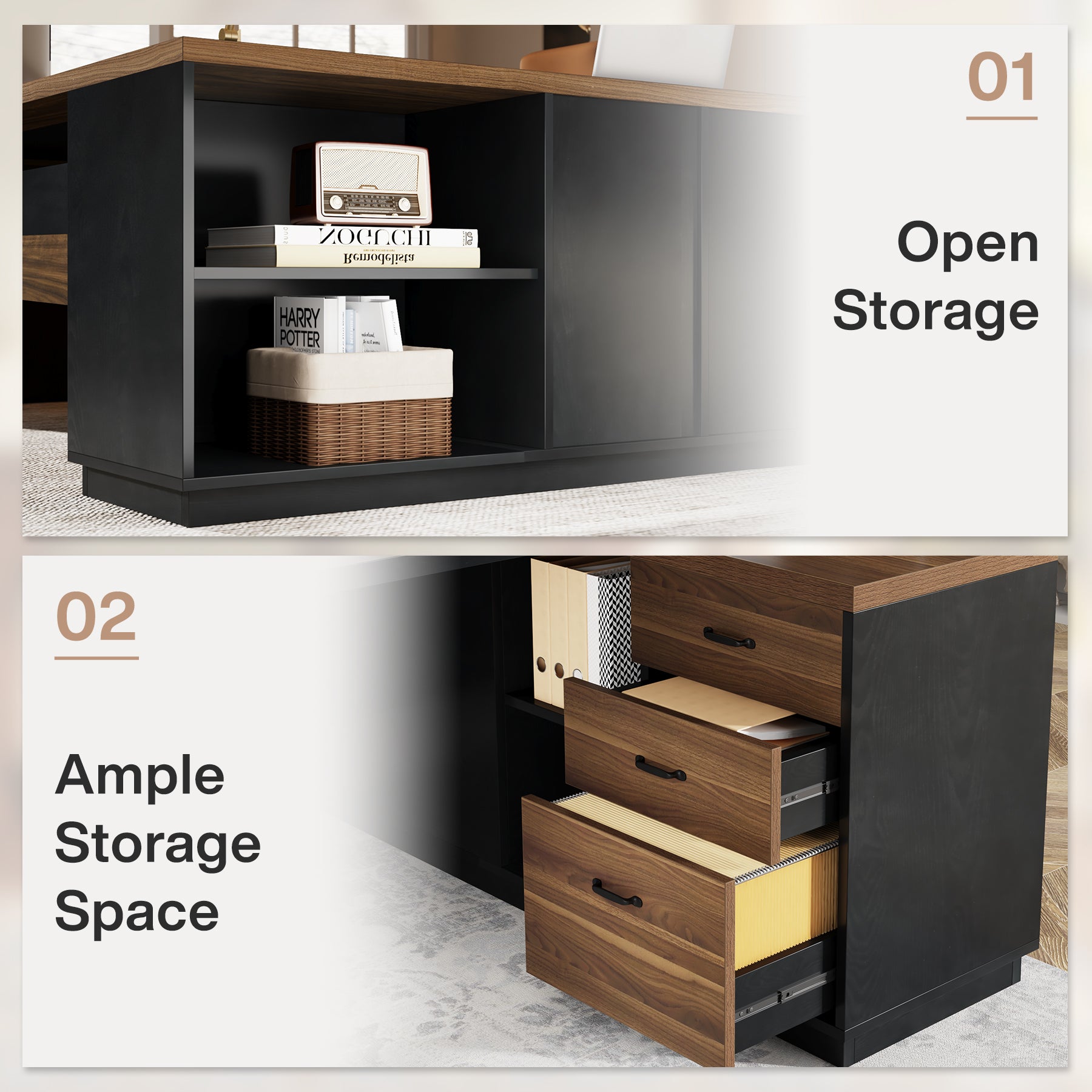 L-Shaped Executive Desk, 78" Office Desk with Drawers and Lateral File Cabinet