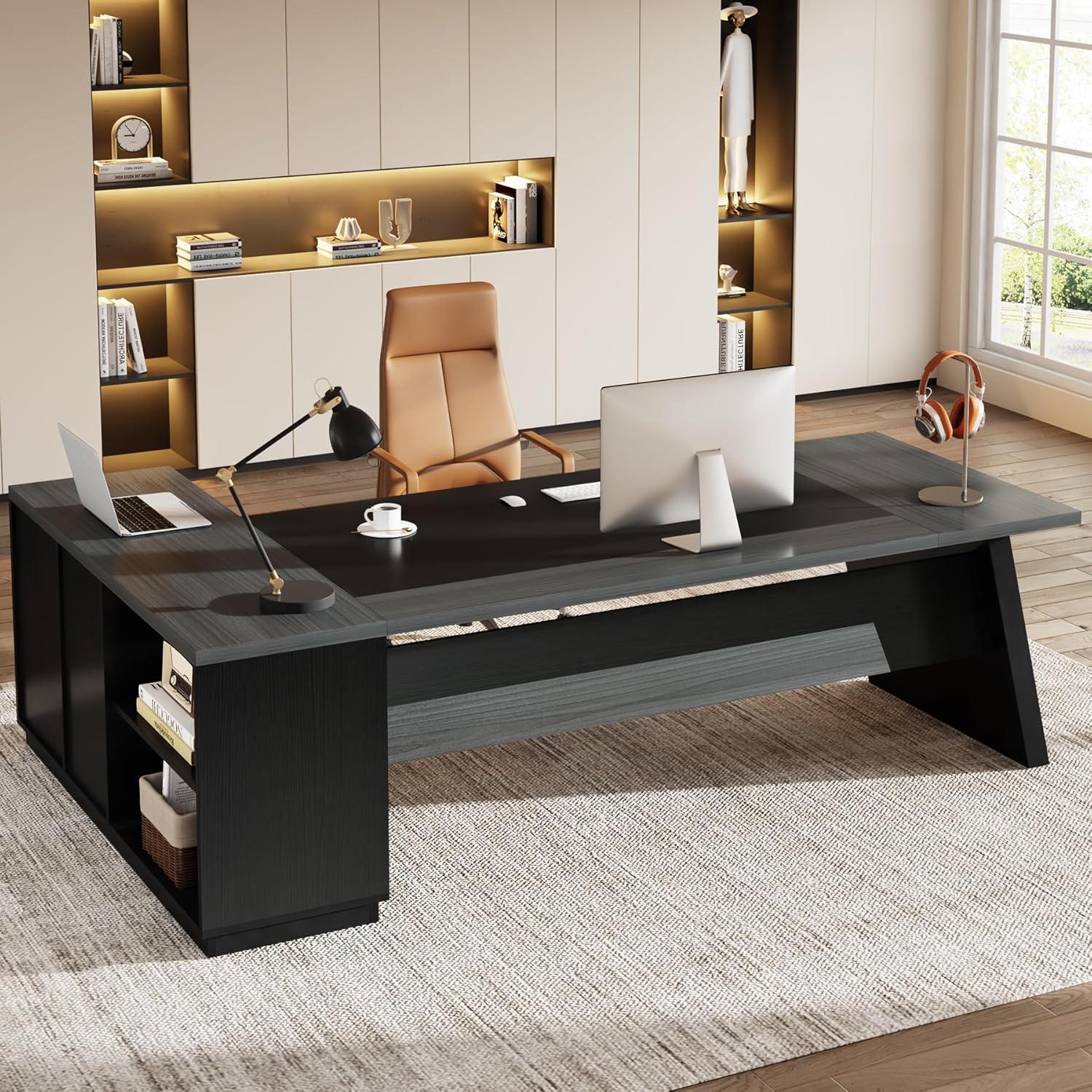 L - Shaped Executive Desk, 78" Office Desk with Drawers and Lateral File Cabinet Tribesigns#Color_Gray & Black