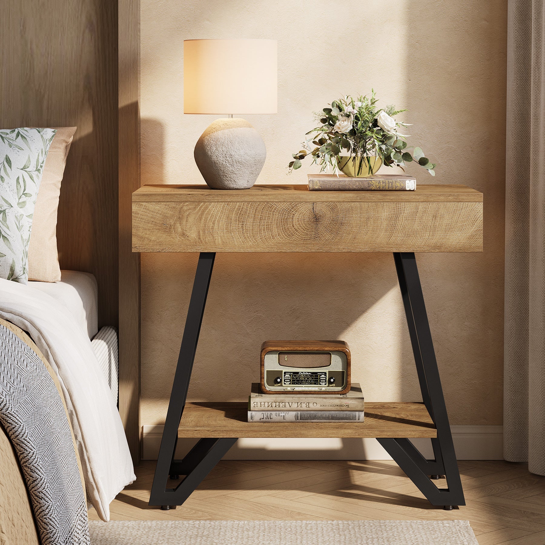 Narrow End Table,Couch Arm Side Table Nightstand with Storage Shelves