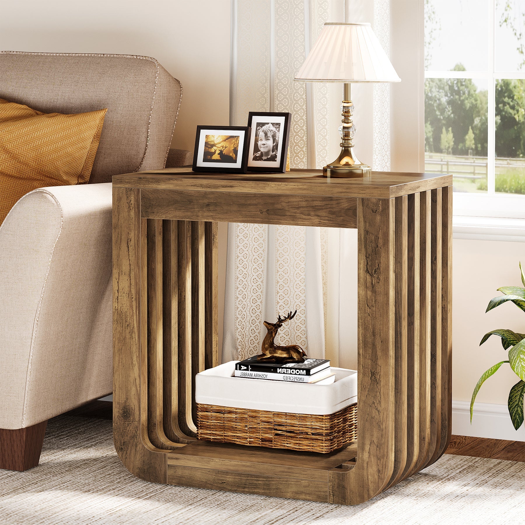 Narrow Sofa Side Table, Farmhouse End Table with Slatted Open Frame