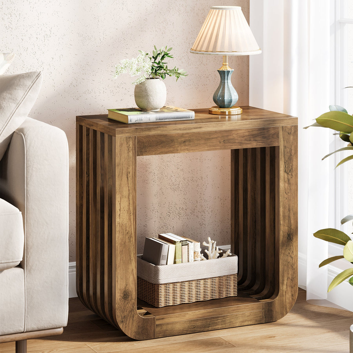 Narrow Sofa Side Table, Farmhouse End Table with Slatted Open Frame