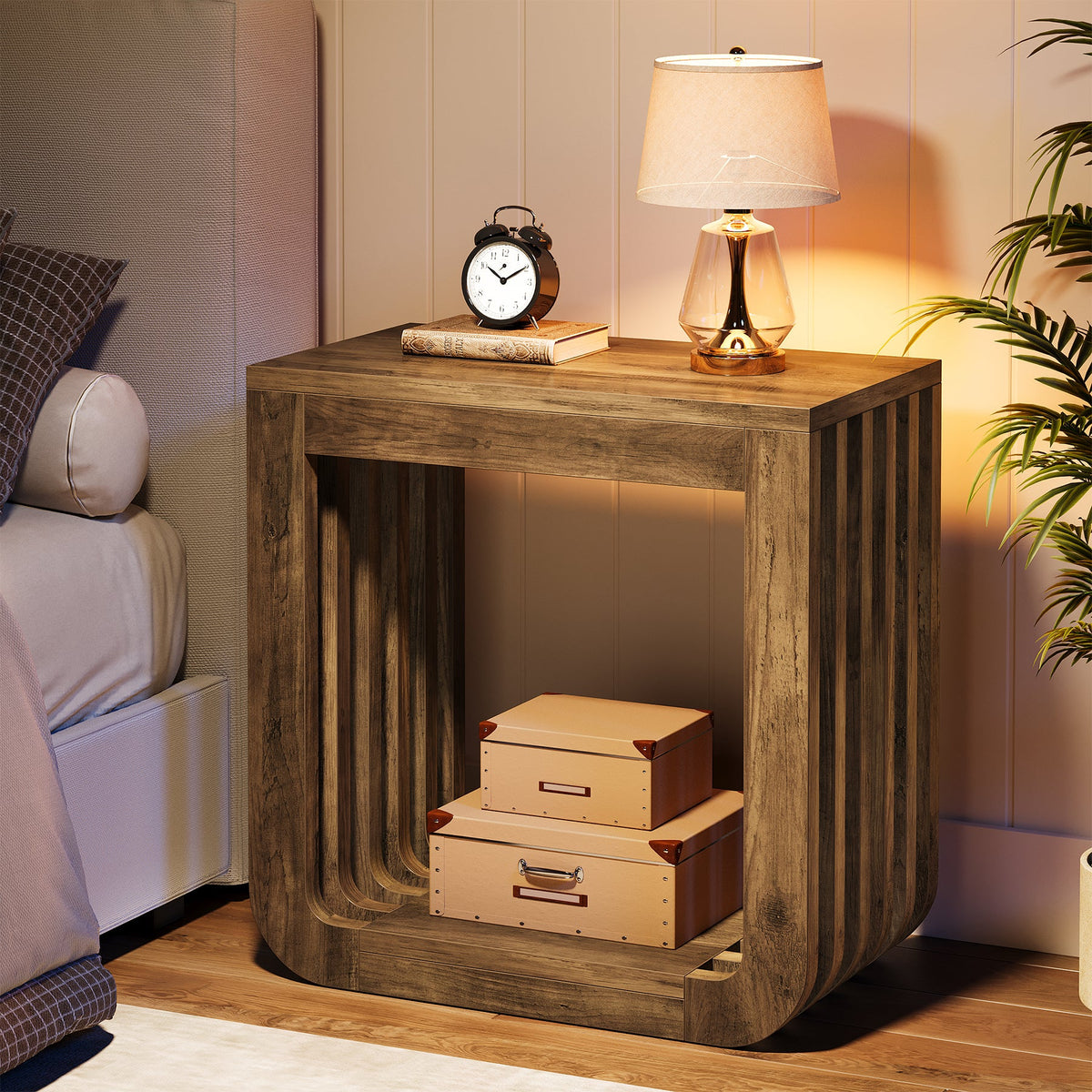Narrow Sofa Side Table, Farmhouse End Table with Slatted Open Frame