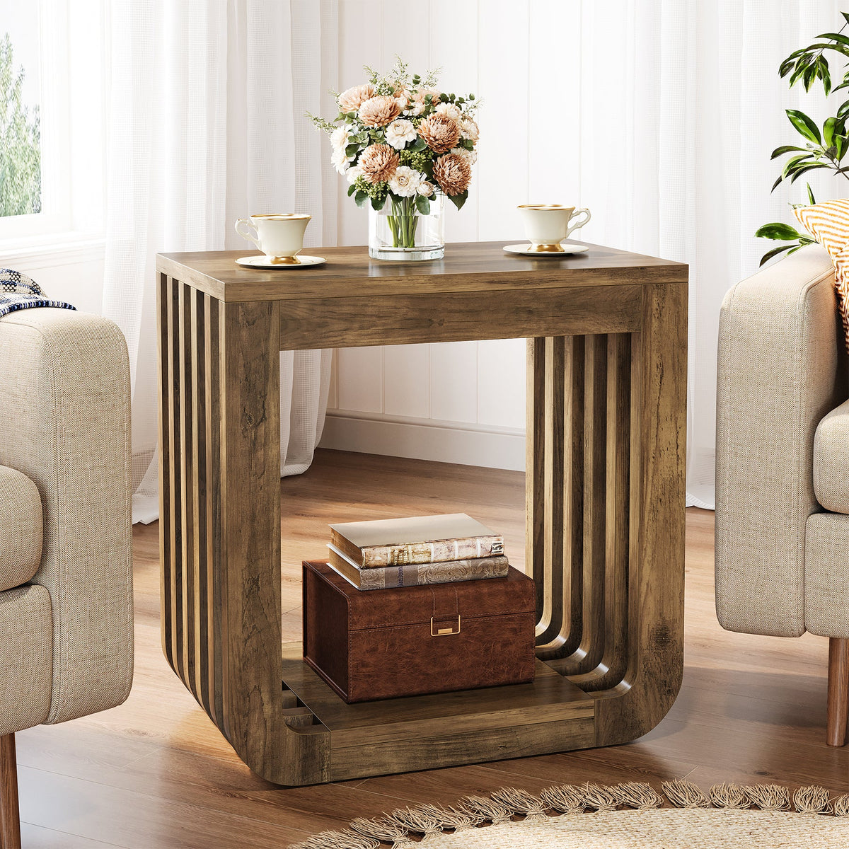 Narrow Sofa Side Table, Farmhouse End Table with Slatted Open Frame