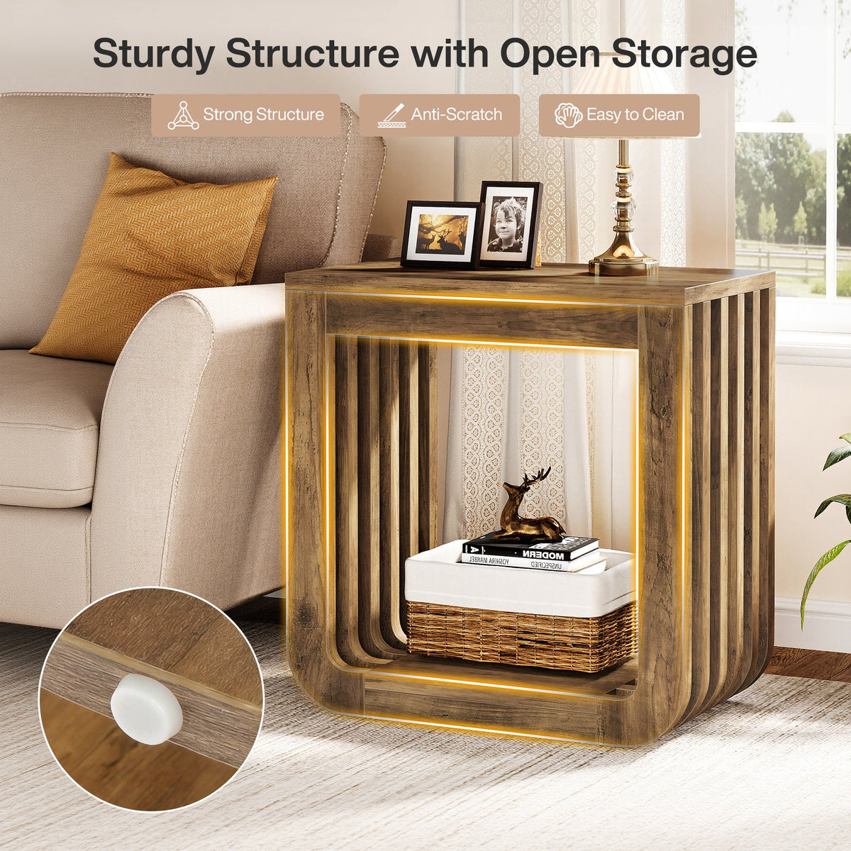 Narrow Sofa Side Table, Farmhouse End Table with Slatted Open Frame
