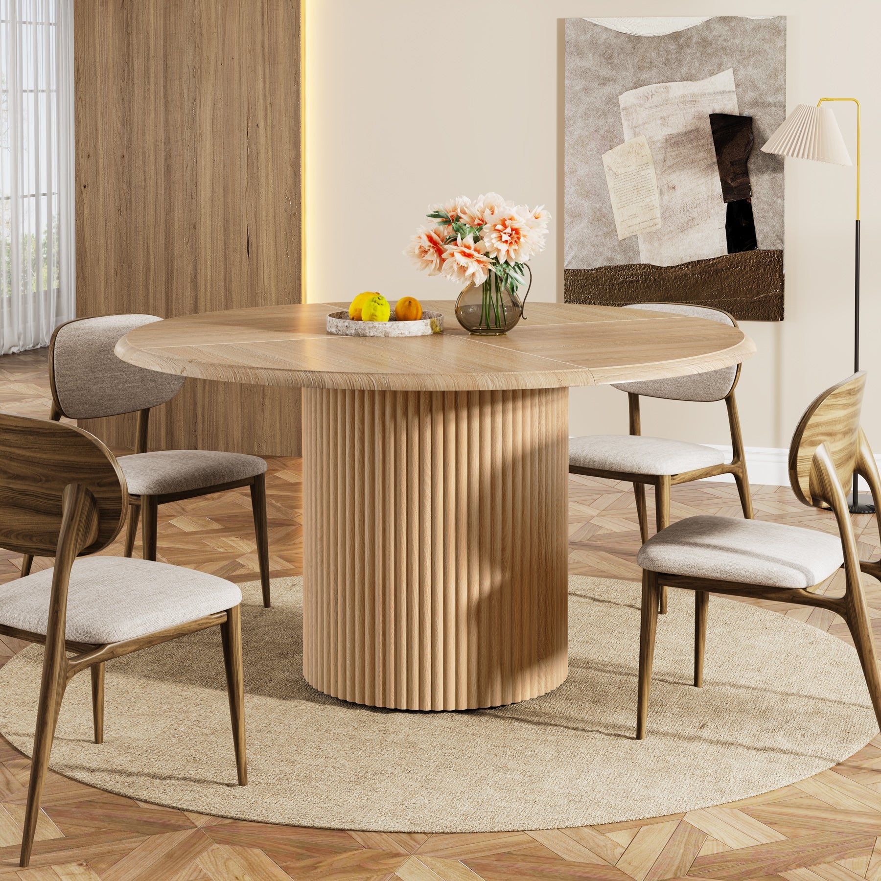 Round Dining Table, 47.24" Farmhouse Kitchen Table with Metal Base for 4