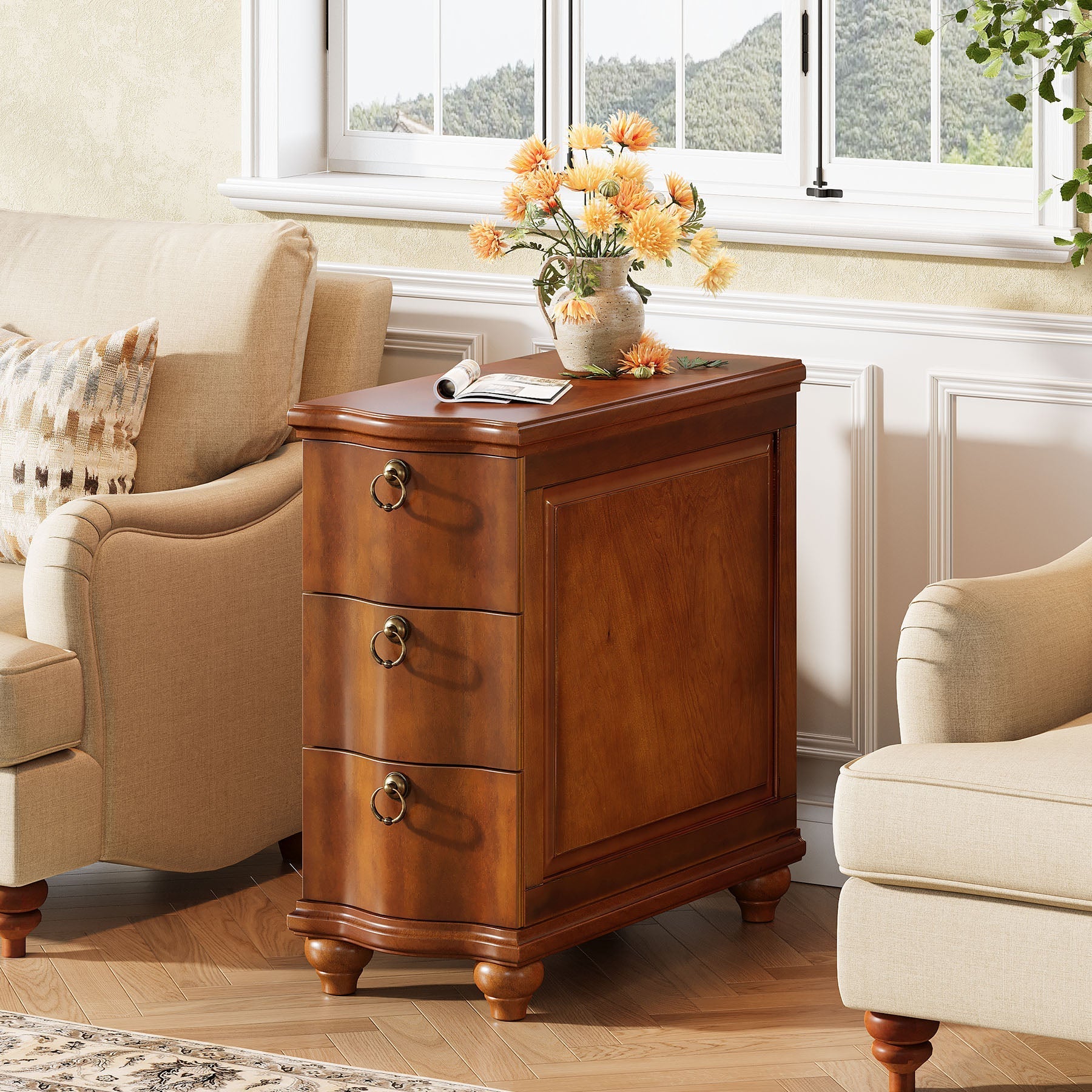 Wood Side Table, Fully Assembled Slim End Table Nightstand with 3-Drawers