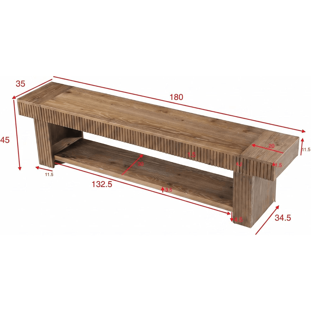 71" Solid Wood Entryway Bench, Fluted Shoe Bench with Storage Shelf for Hallway