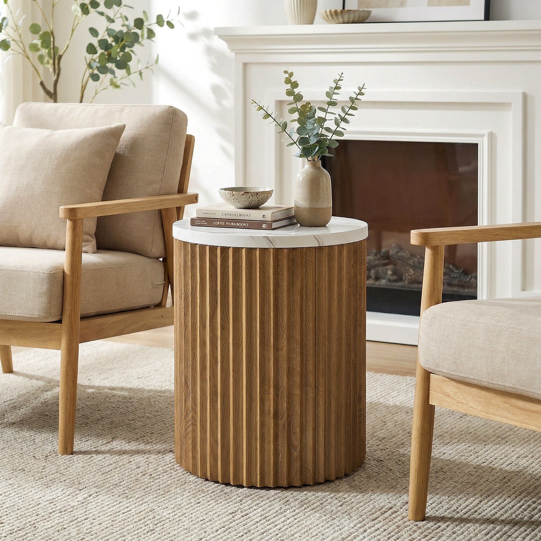 Round End Table, 23.6" Tall Side Table with Faux Marble Tabletop