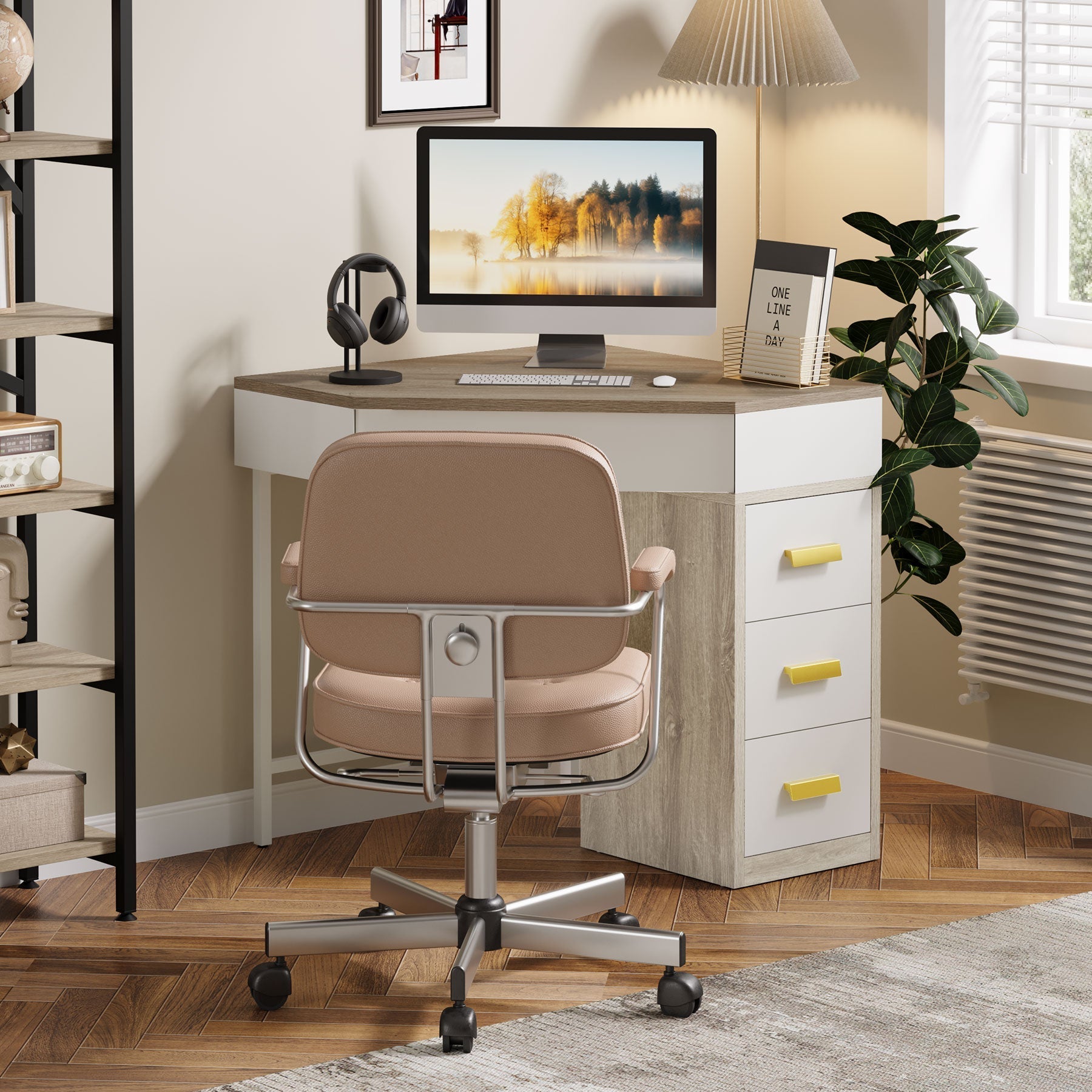 Corner Desk, Triangle Computer Desk Makeup Vanity Desk with 3 Drawers Tribesigns