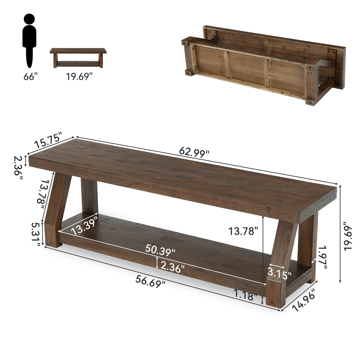 63" Solid Wood Entryway Bench with Storage, 2-Tier Shoe Bench for Hallway