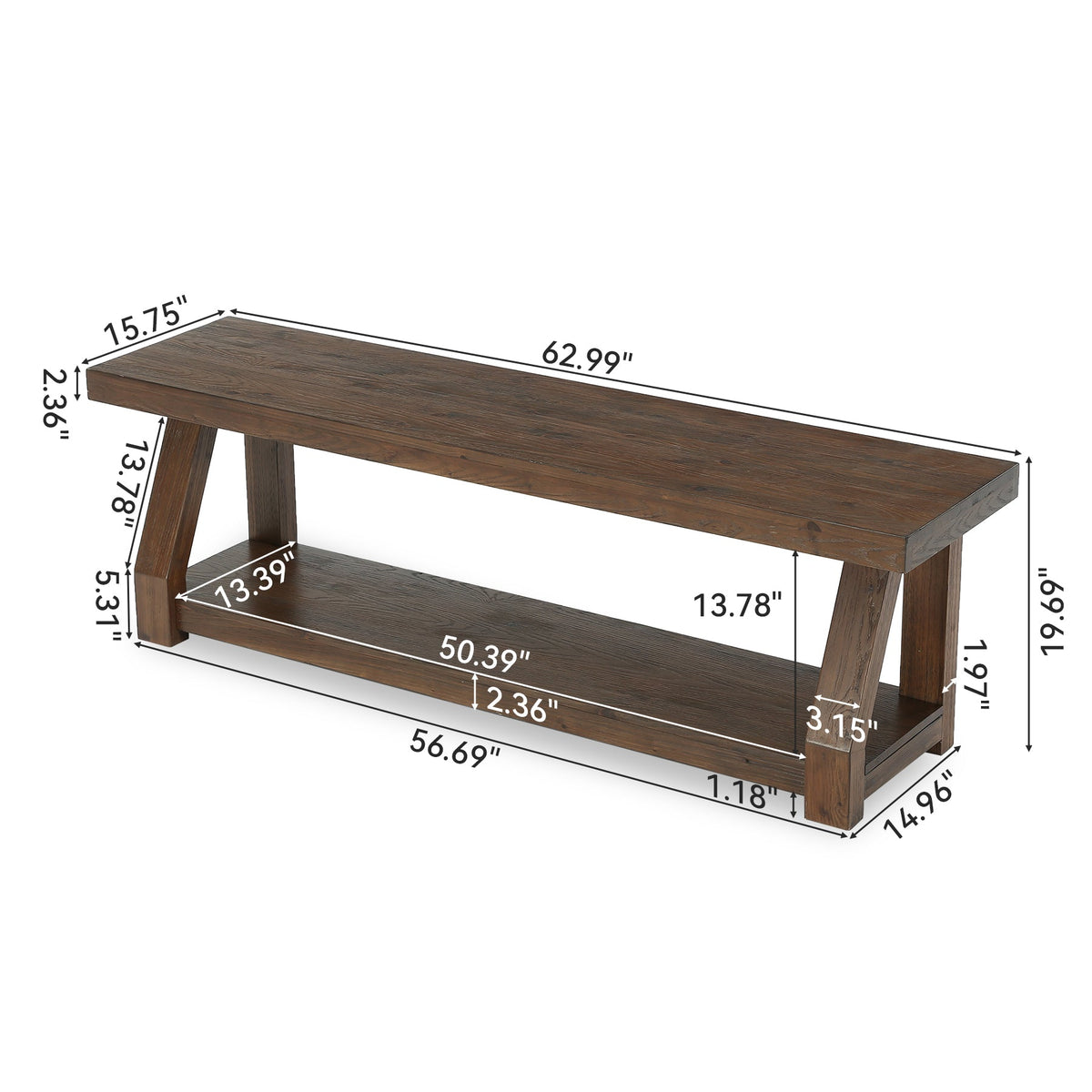 63" Solid Wood TV Stand for 65-75" TVs, Farmhouse Media Console with Open Shelf