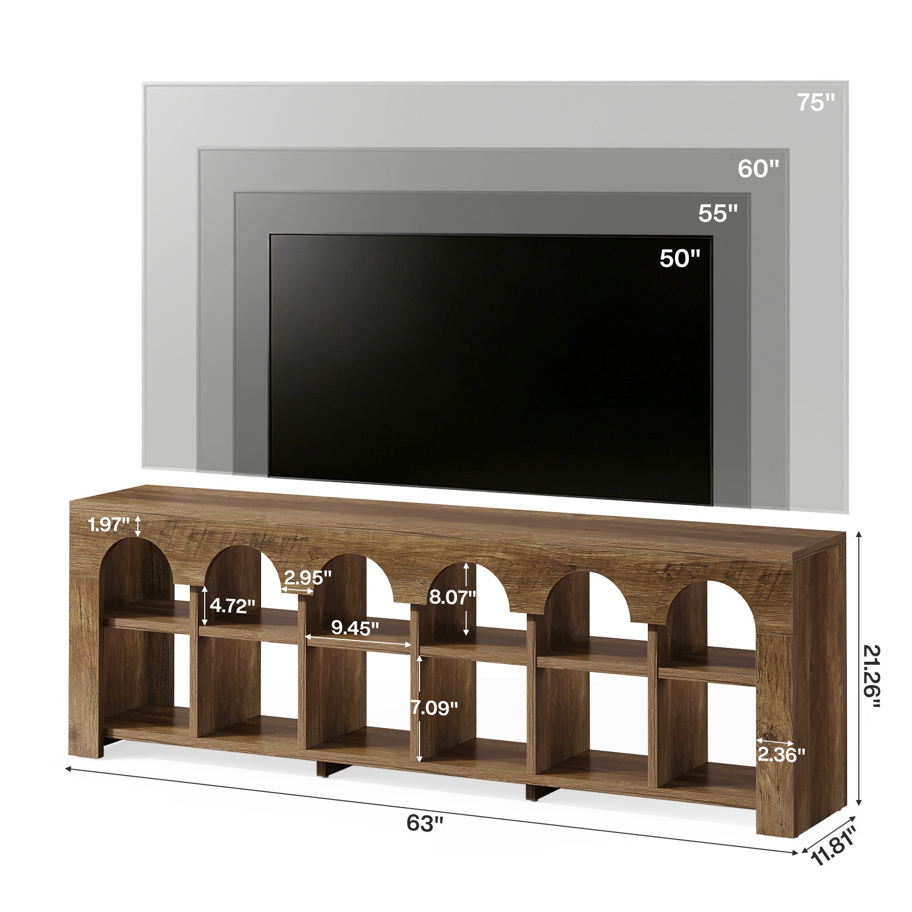 63” TV Stand for 50-75" TVs, Farmhouse Entertainment Center with 2-Tier Arched Cubbies