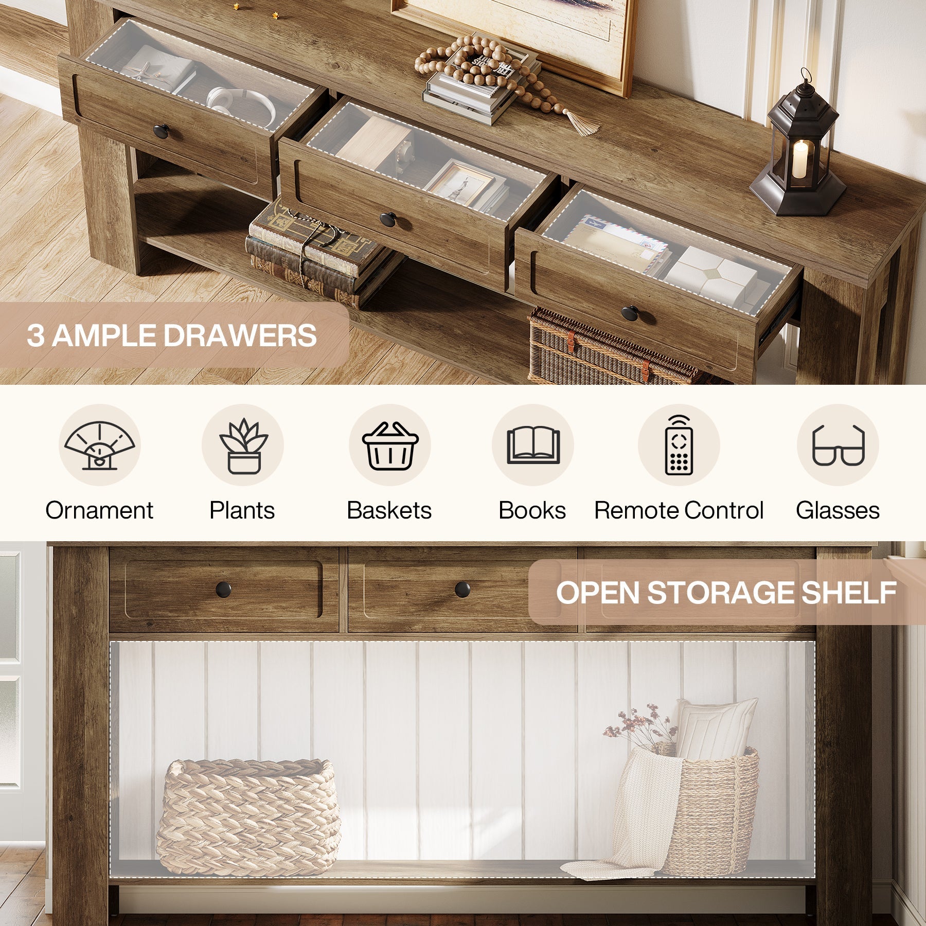 70.9" Console Table with 3 Drawers, Farmhouse Entryway Sofa Table with Shelf for Hallway