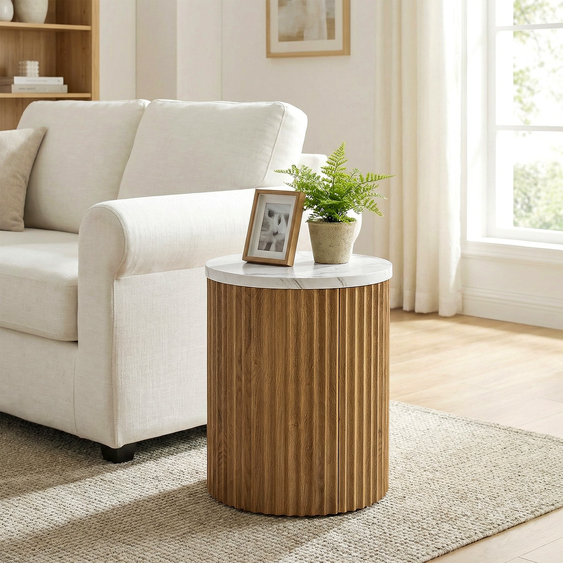 Round End Table, 23.6" Tall Side Table with Faux Marble Tabletop