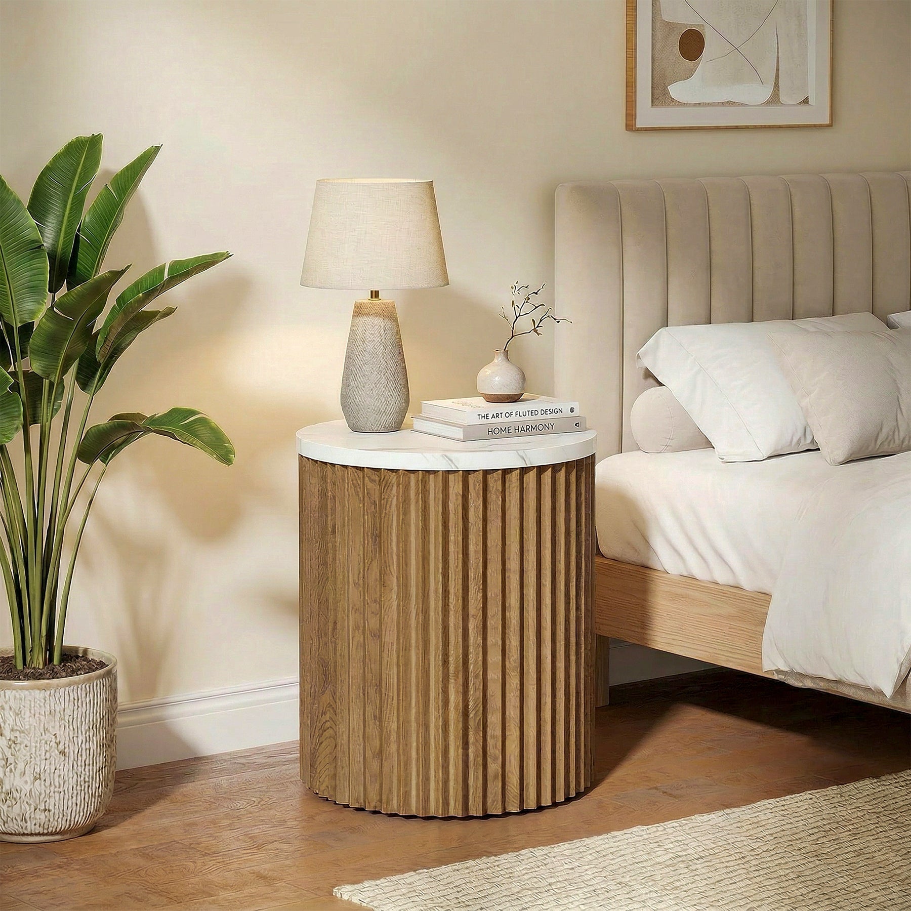 Round Nightstand, 23.6" Bedside Table with Faux Marble Tabletop & Fluted Base