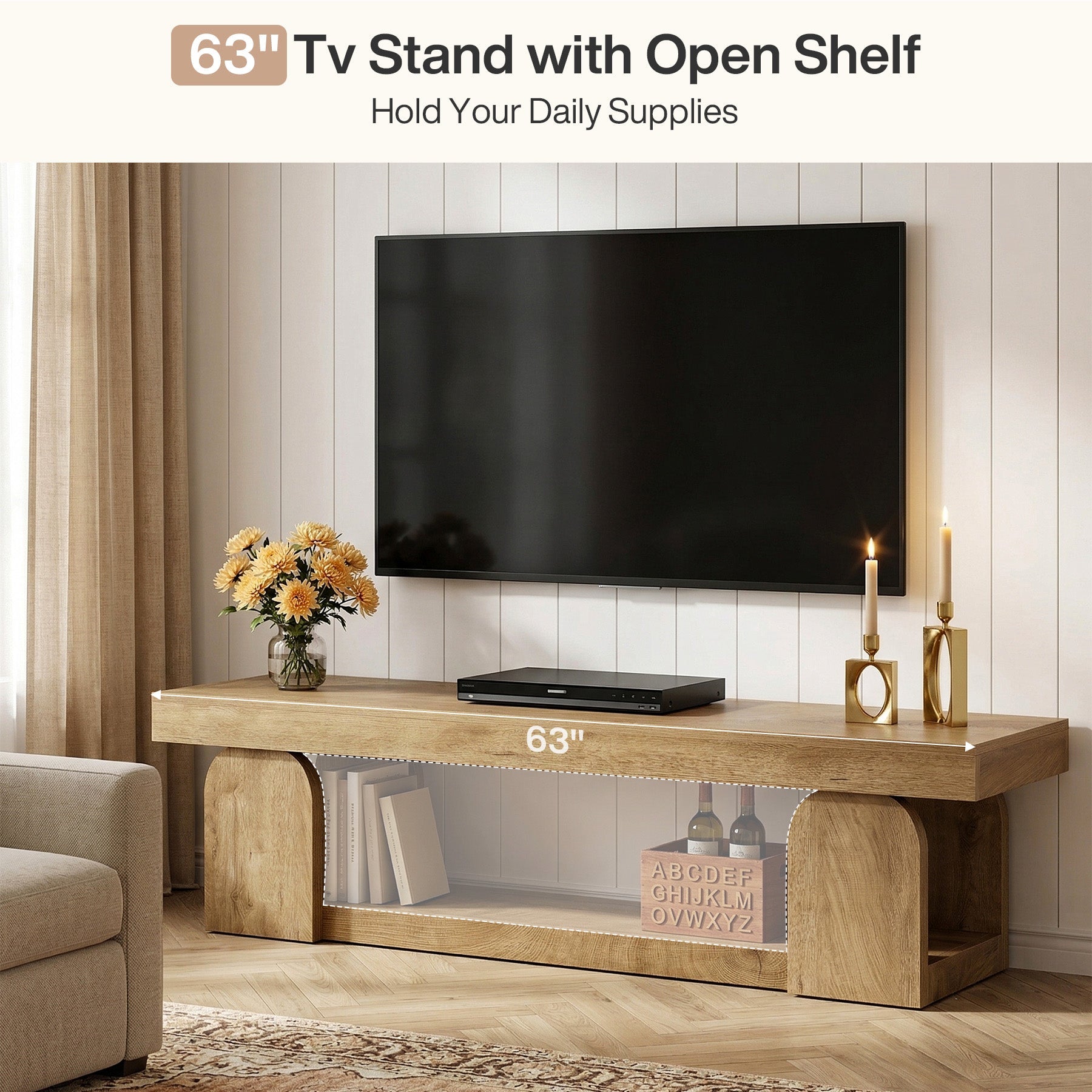 63" TV Stand, TV Media Console with Open Storage Shelf for TVs up to 65"