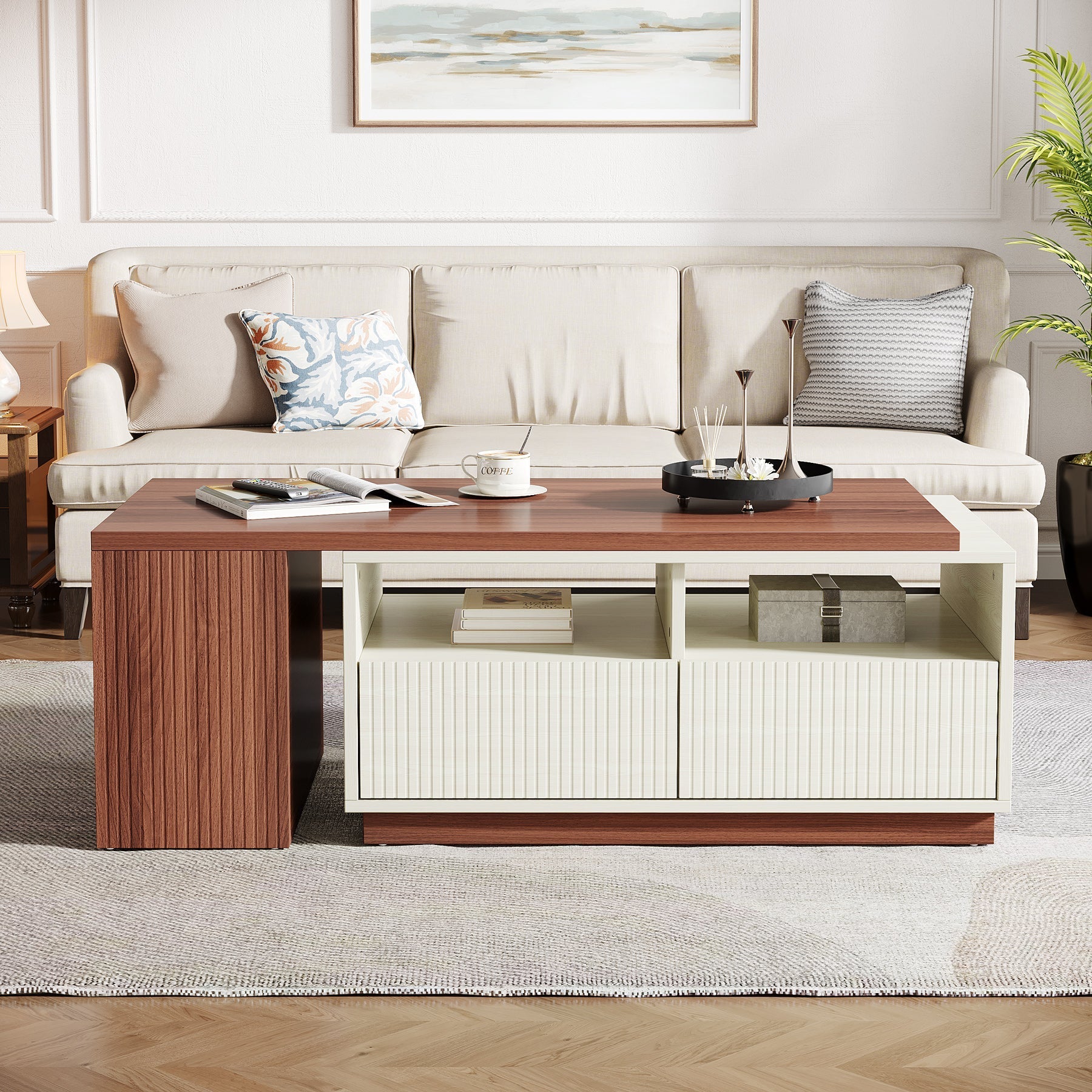 Extendable Coffee Table, Center Table with 2 Drawers and Reversible Tabletop Tribesigns