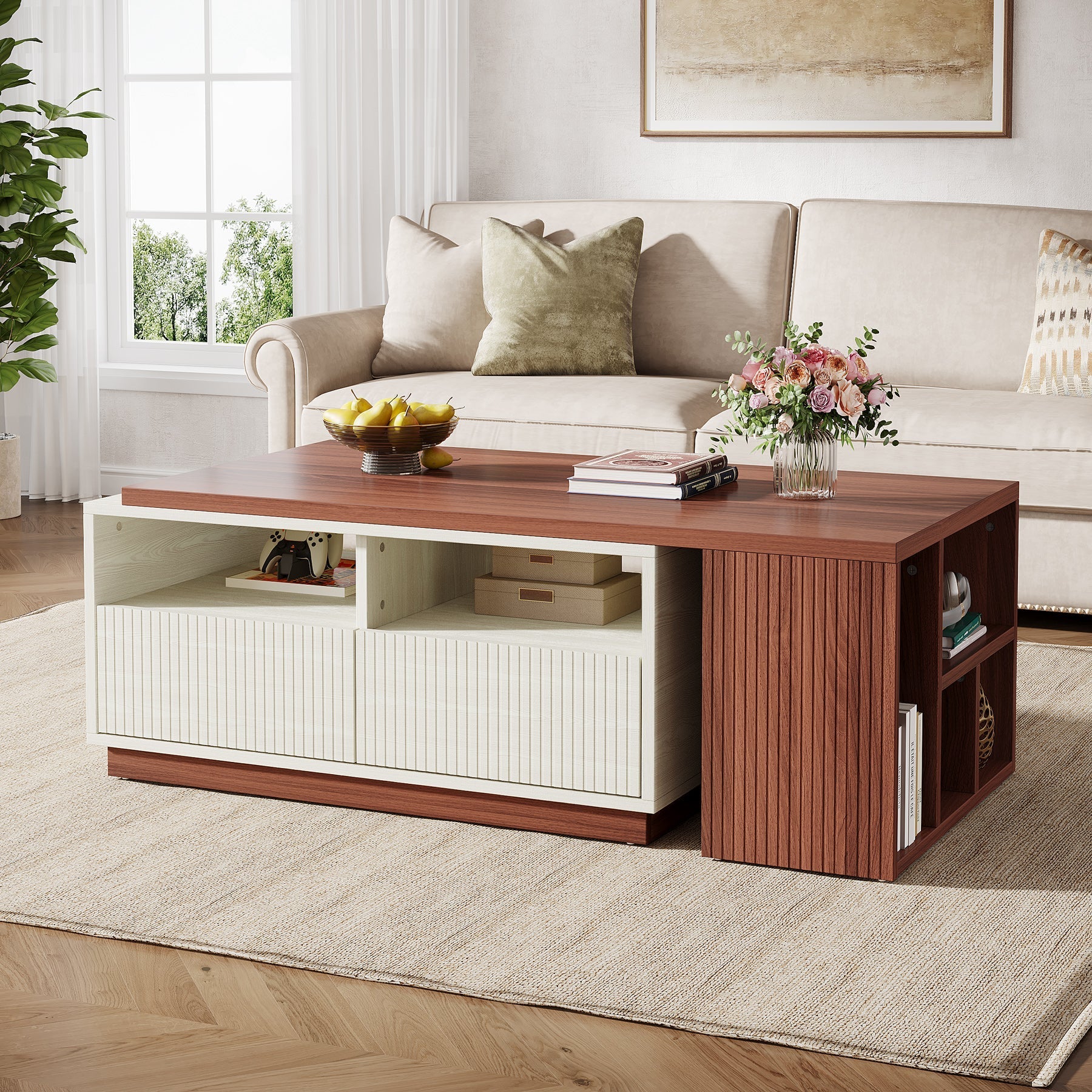 Extendable Coffee Table, Center Table with 2 Drawers and Reversible Tabletop Tribesigns