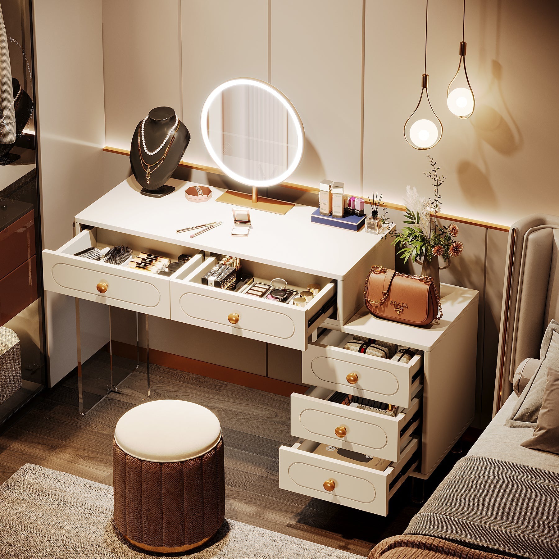 Extendable Makeup Vanity with 5-Drawer and Acrylic Base and Legs(Without Mirror) Tribesigns
