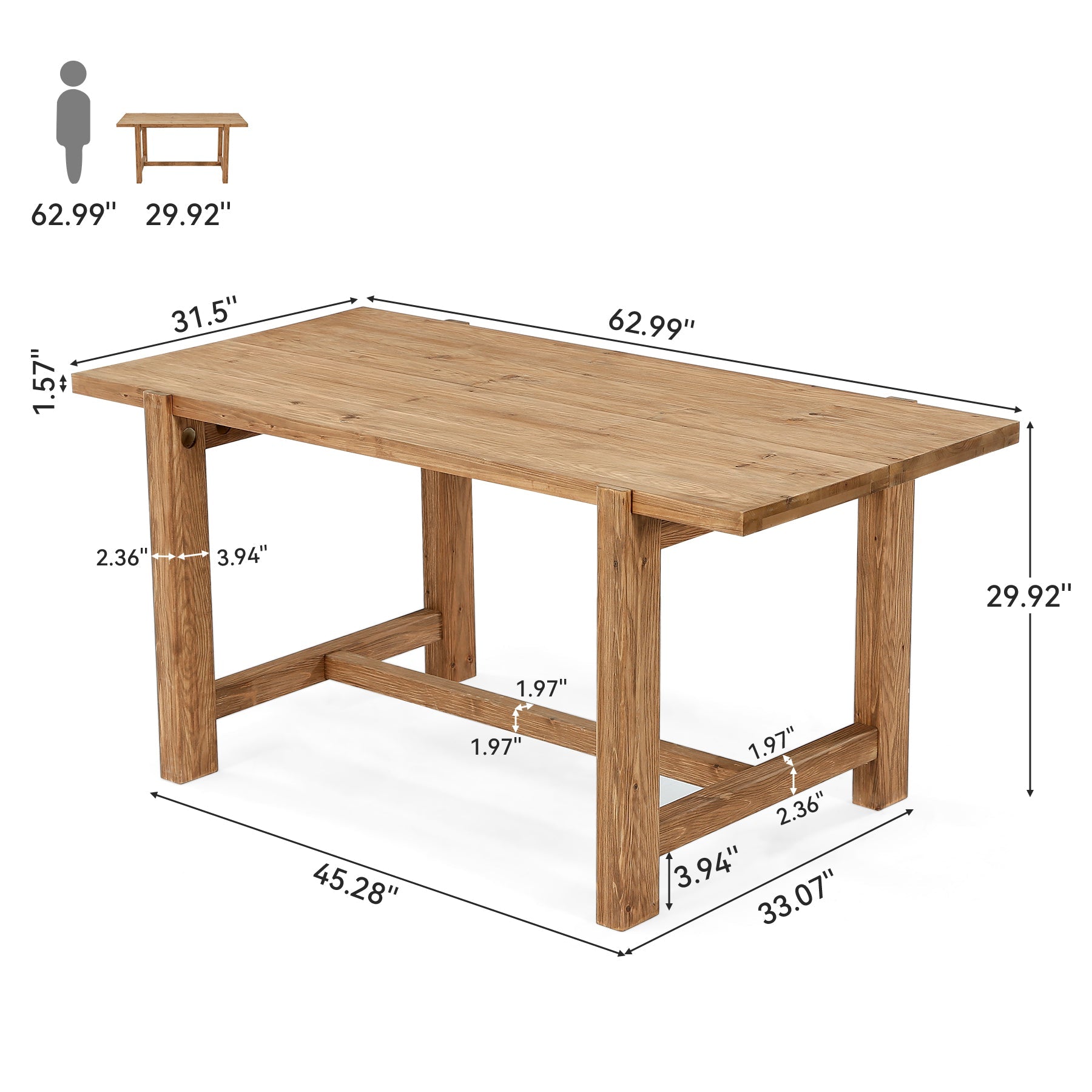 63" Solid Wood Computer Desk, Farmhouse Executive Desk for Home Office