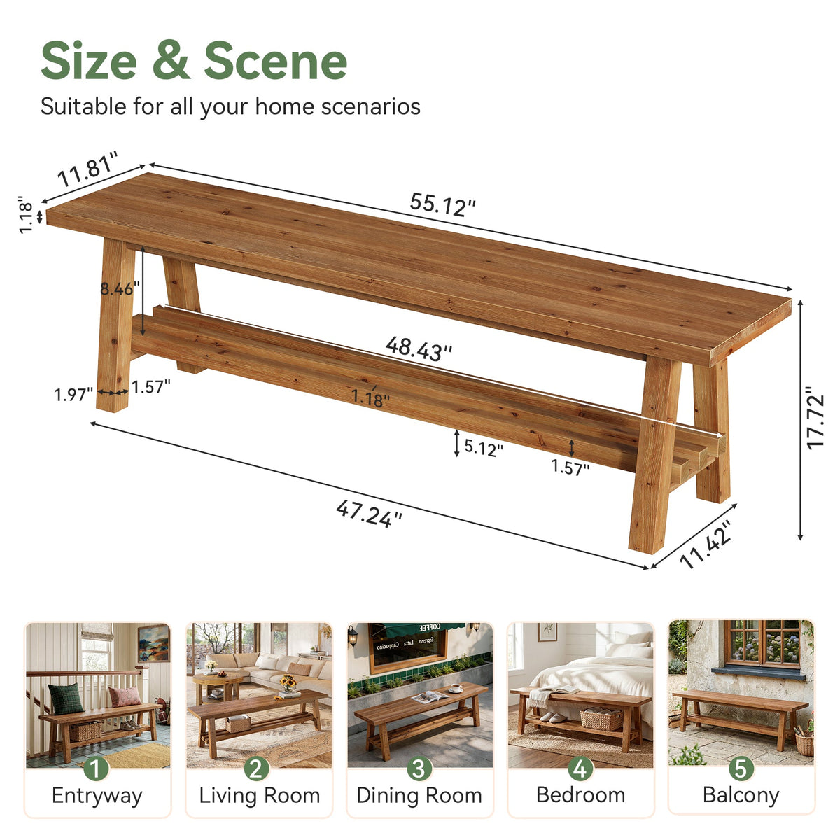 55" Solid Wood Entryway Bench, 2-Tier Shoe Bench with Shelf for Hallway