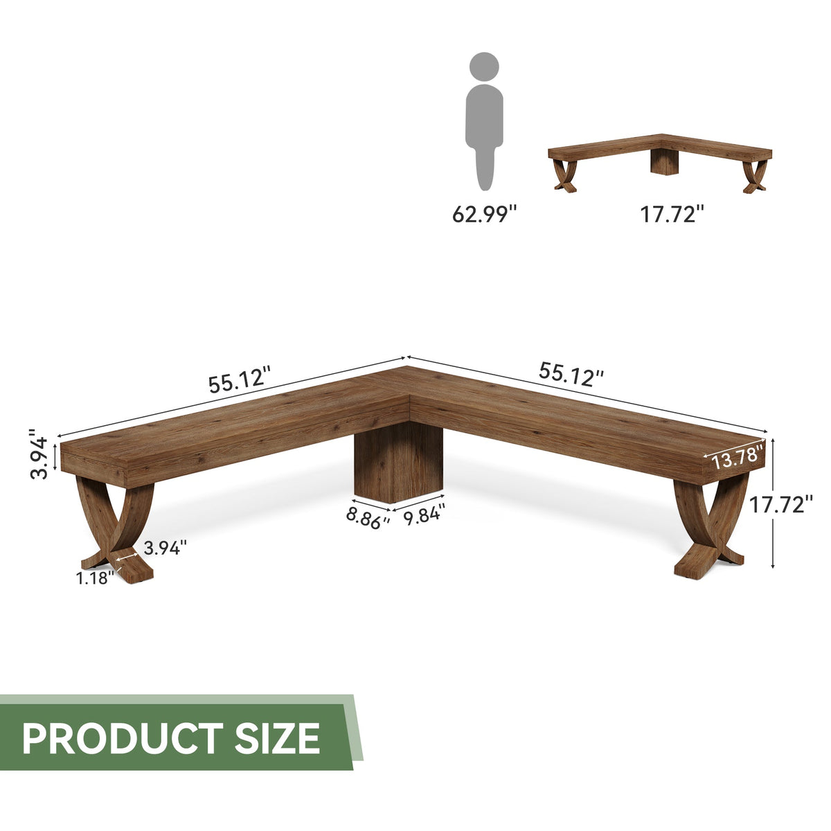 55" L-Shaped Solid Wood Corner Bench, Farmhouse Dining Bench with X-Shaped Leg