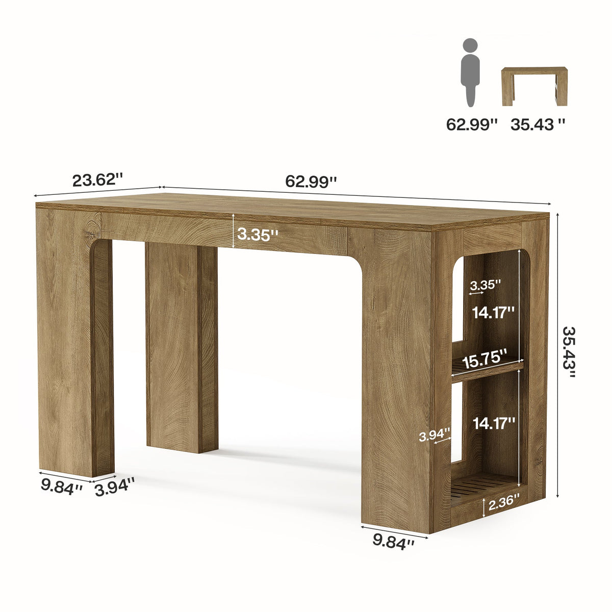 63" Long Kitchen Island, Counter Height Stationary Island Stand with Spacious Legroom