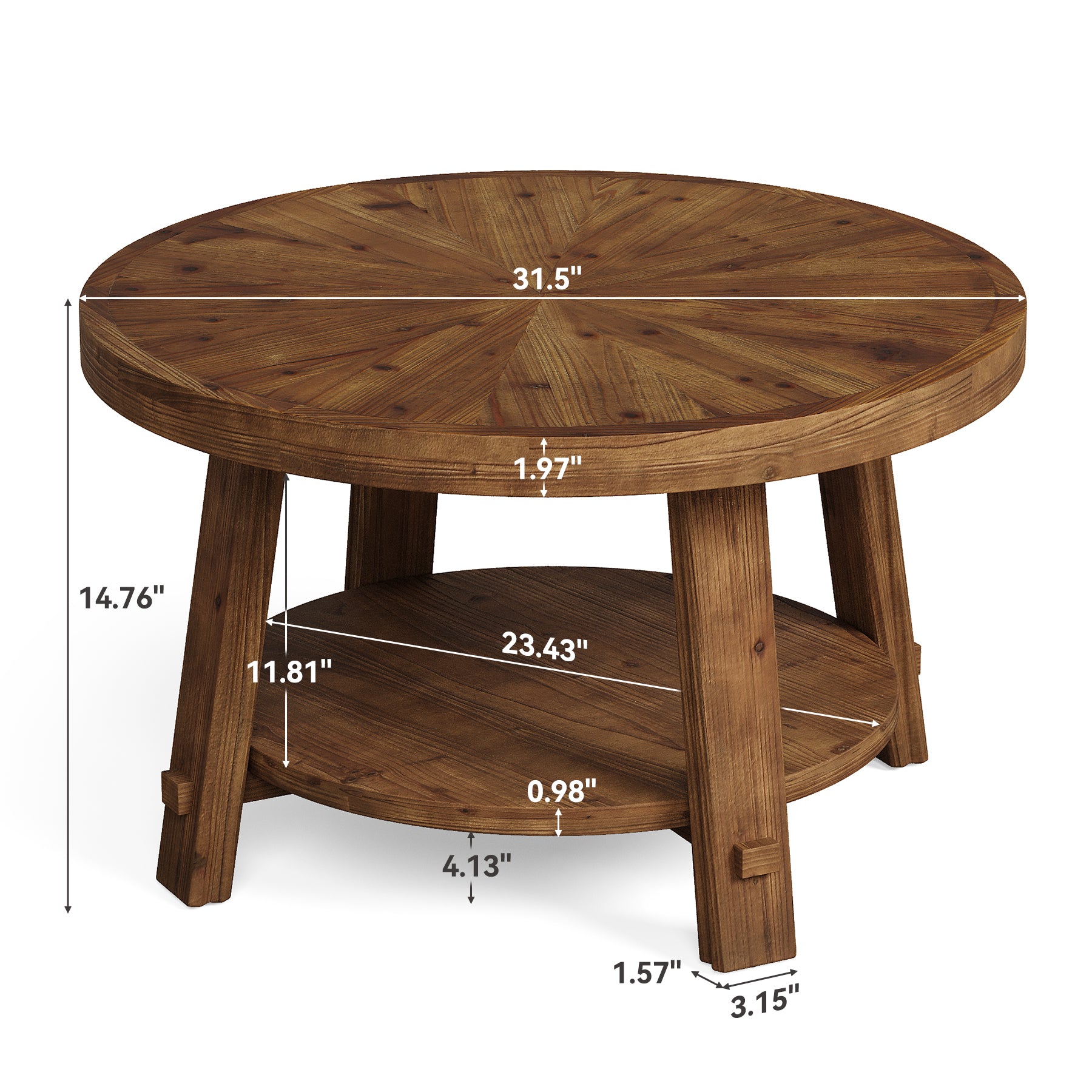 Solid Wood Coffee Table with Storage, 2-Tier Round Tea Table for Living Room