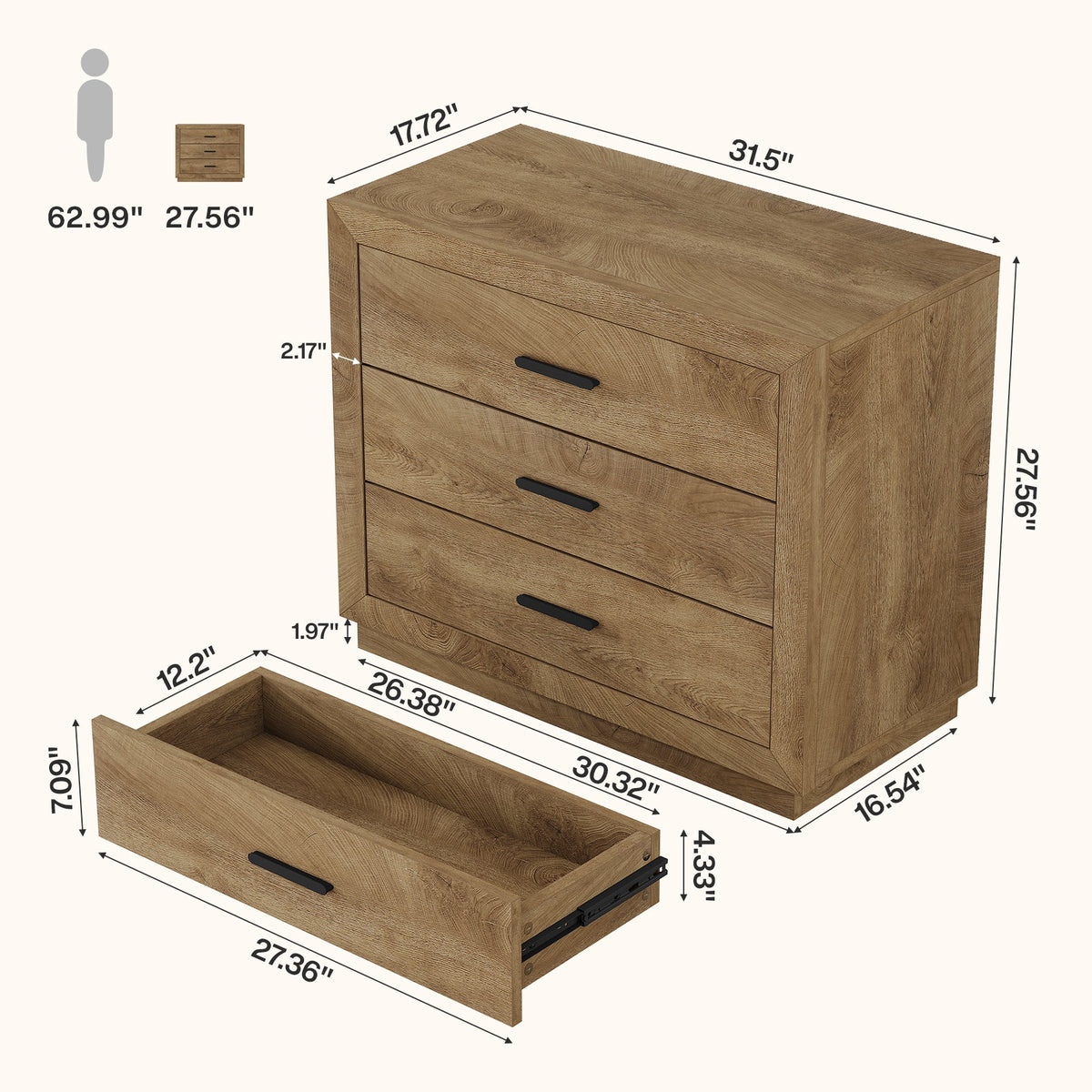31.5" Large Nightstand, Oversized Bedside Table with 3 Drawers for Bedroom