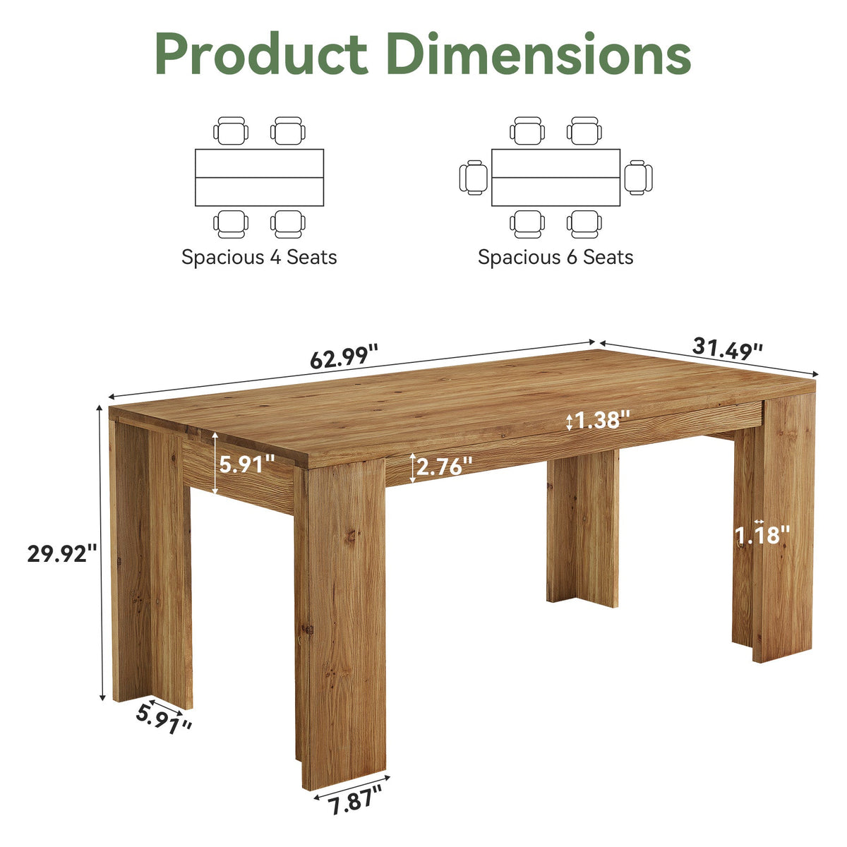 63" Solid Wood Dining Table, Farmhouse Kitchen Table with Heavy-Duty Legs for 4-6