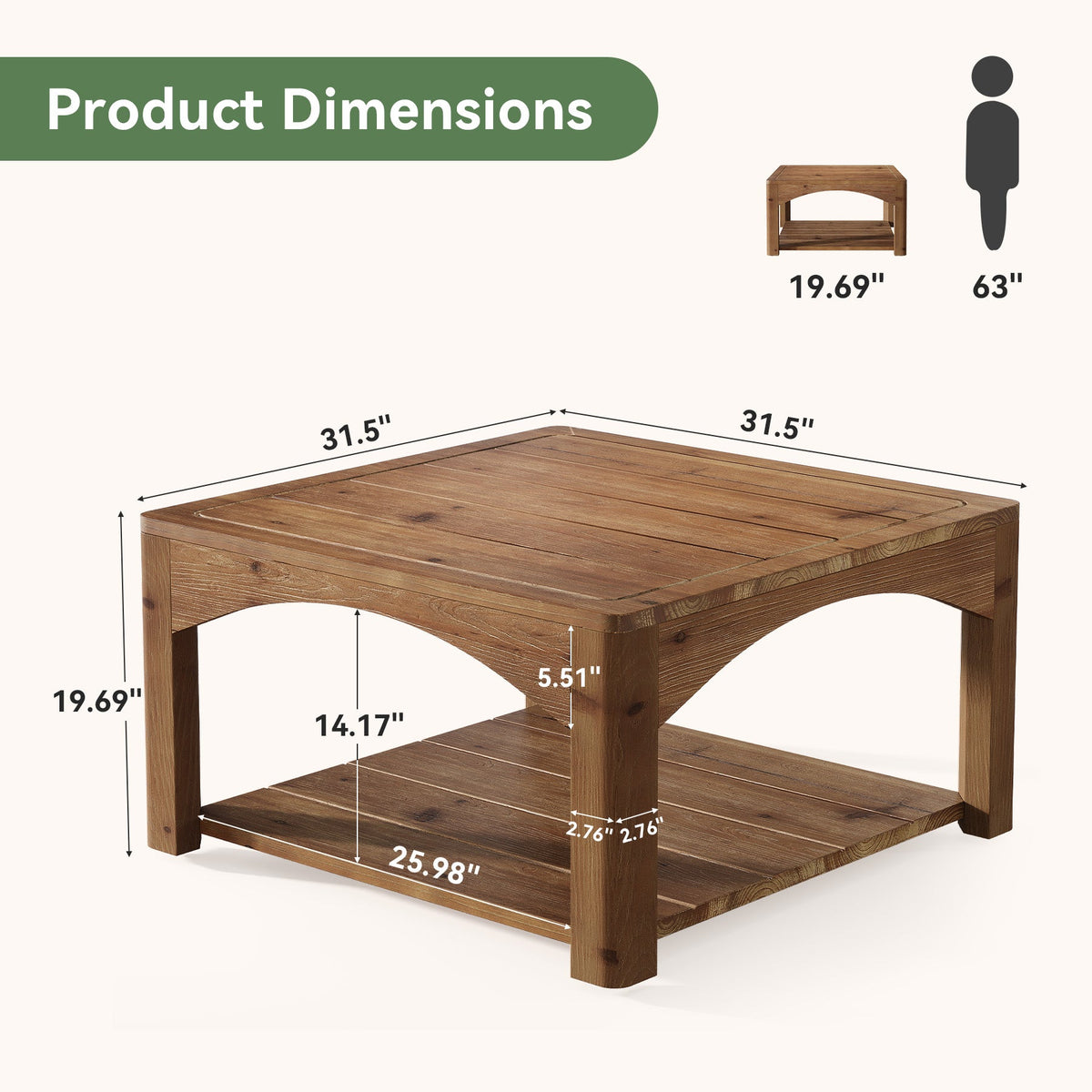 31.5" Square Coffee Table, Solid Wood 2-Tier Center Table for Living Room