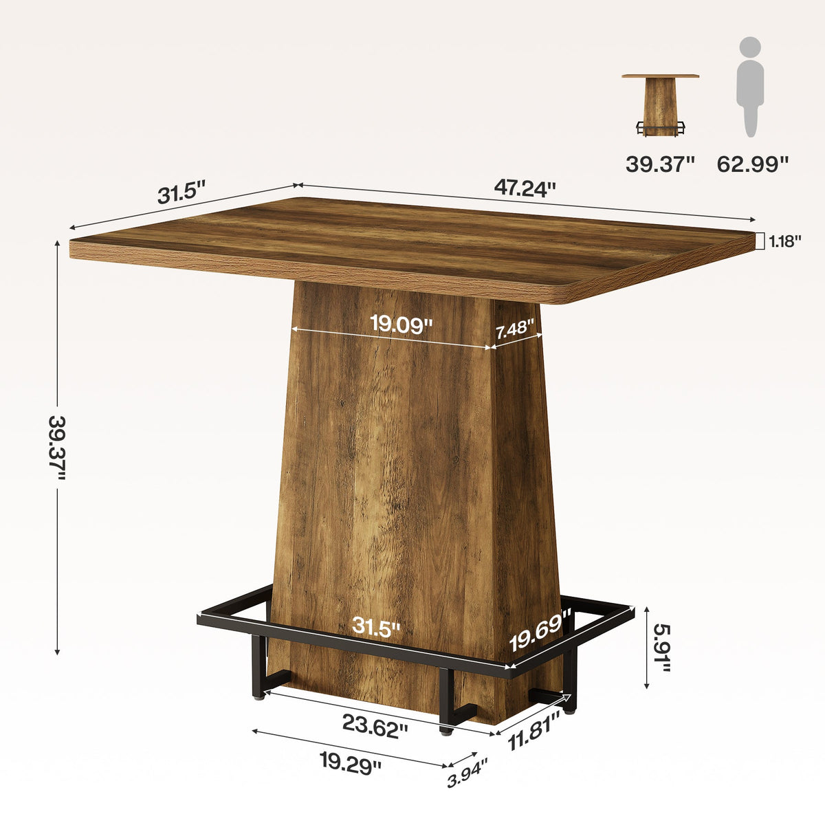 47" Rustic Bar Table, Industrial Pub Table with Footrest