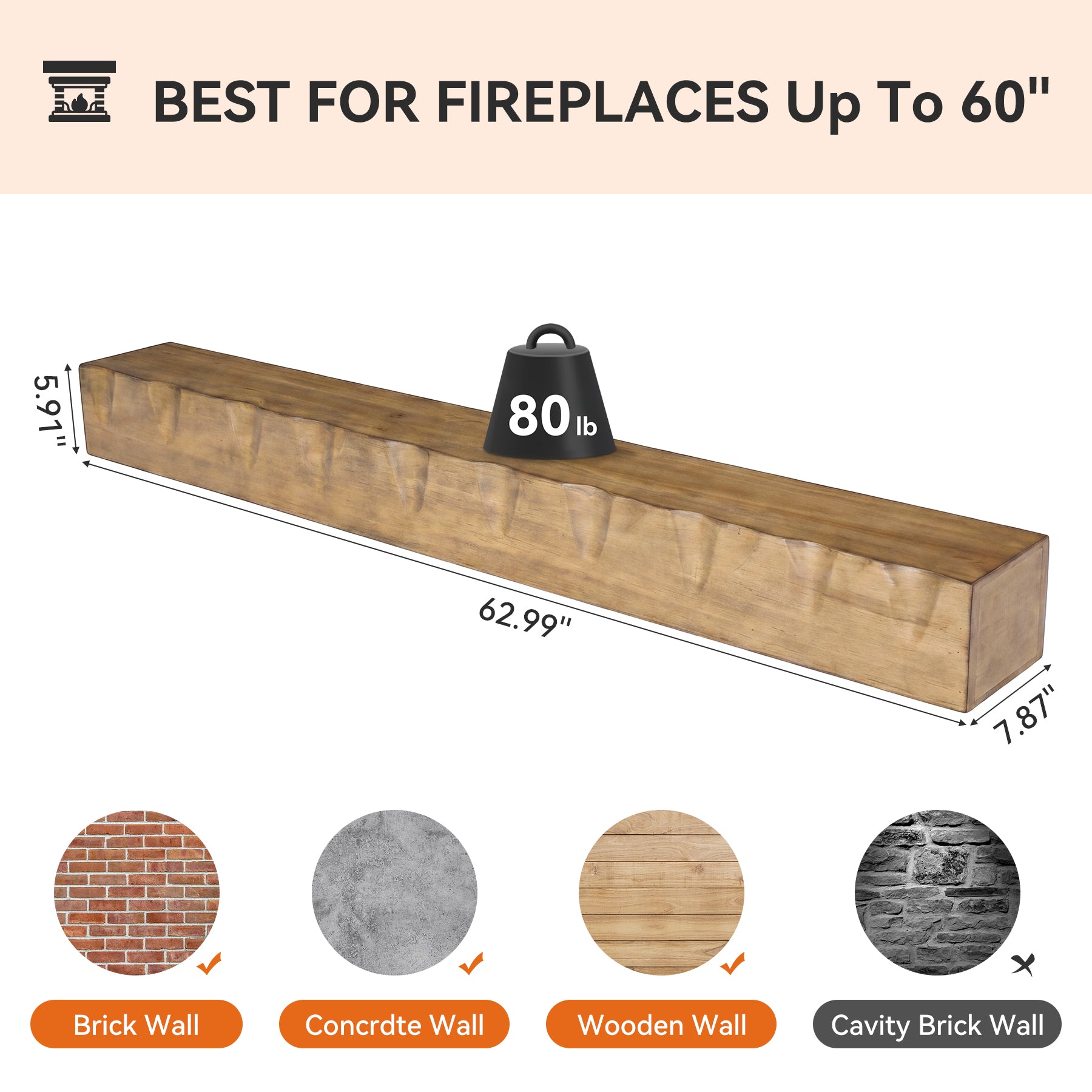 63" Fireplace Mantel Shelf, Solid Wood Wall Floating Mantel Shelf for Over Fireplace