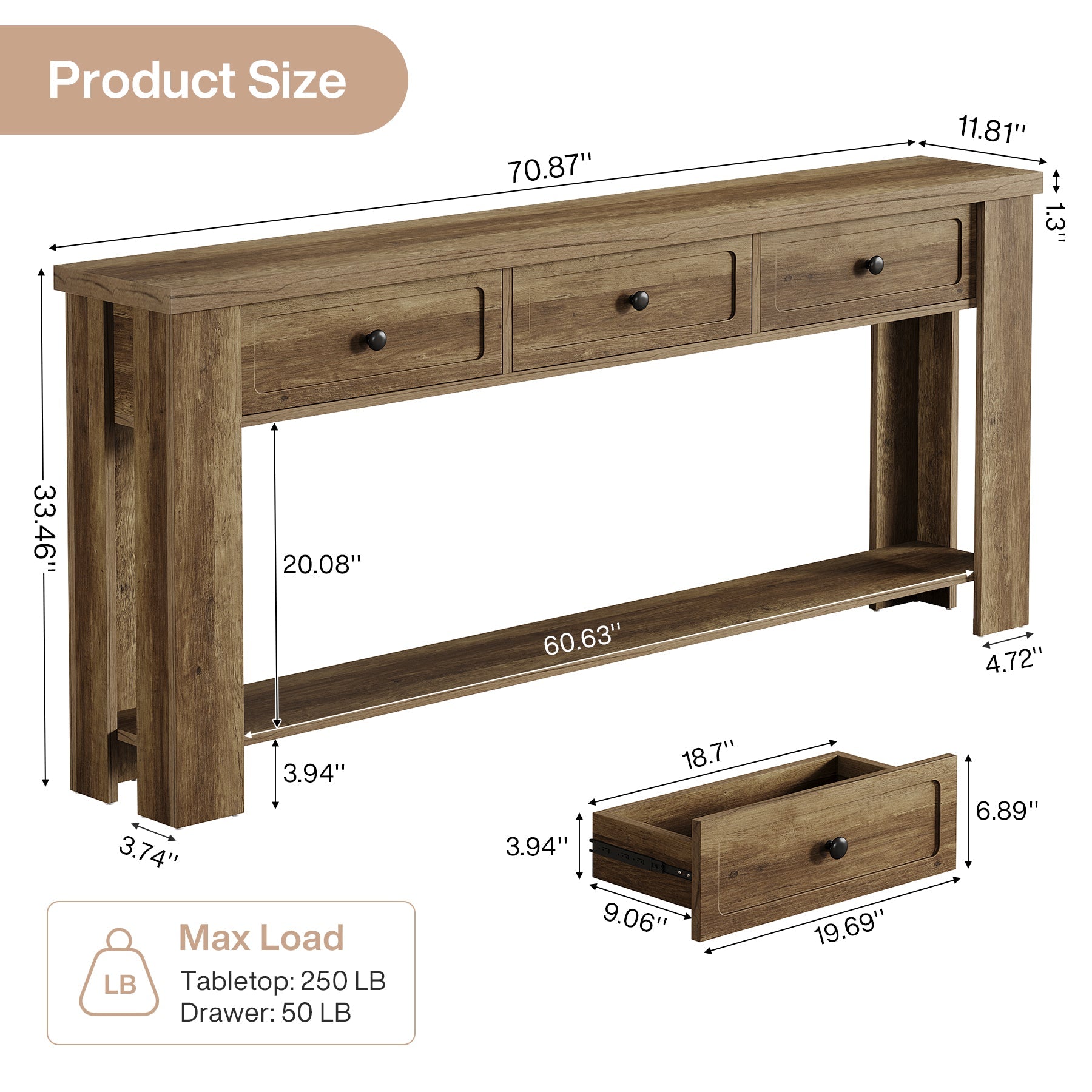 70.9" Console Table with 3 Drawers, Farmhouse Entryway Sofa Table with Shelf for Hallway