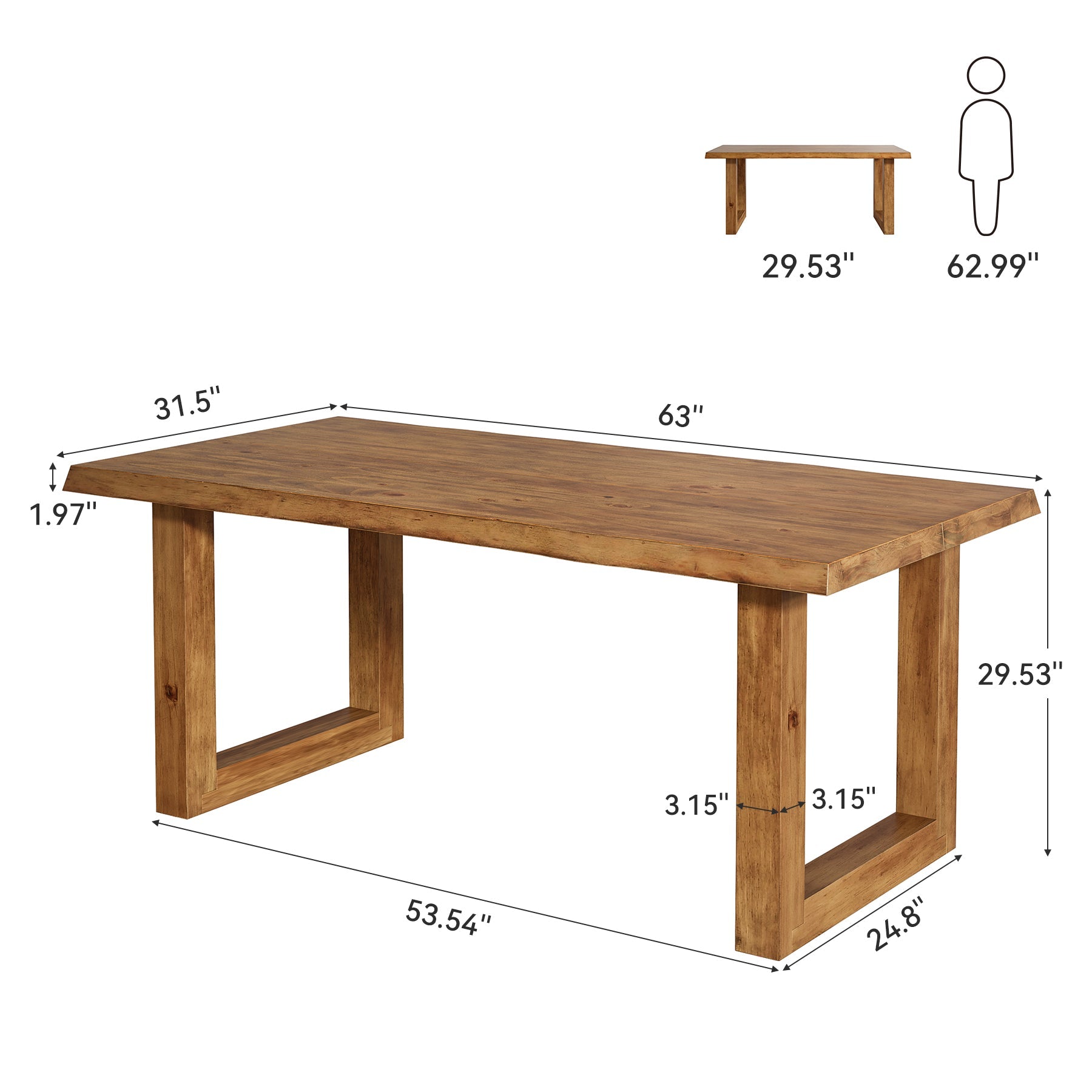 63" Solid Wood Dining Table, Farmhouse Kitchen Table for 4-6 People