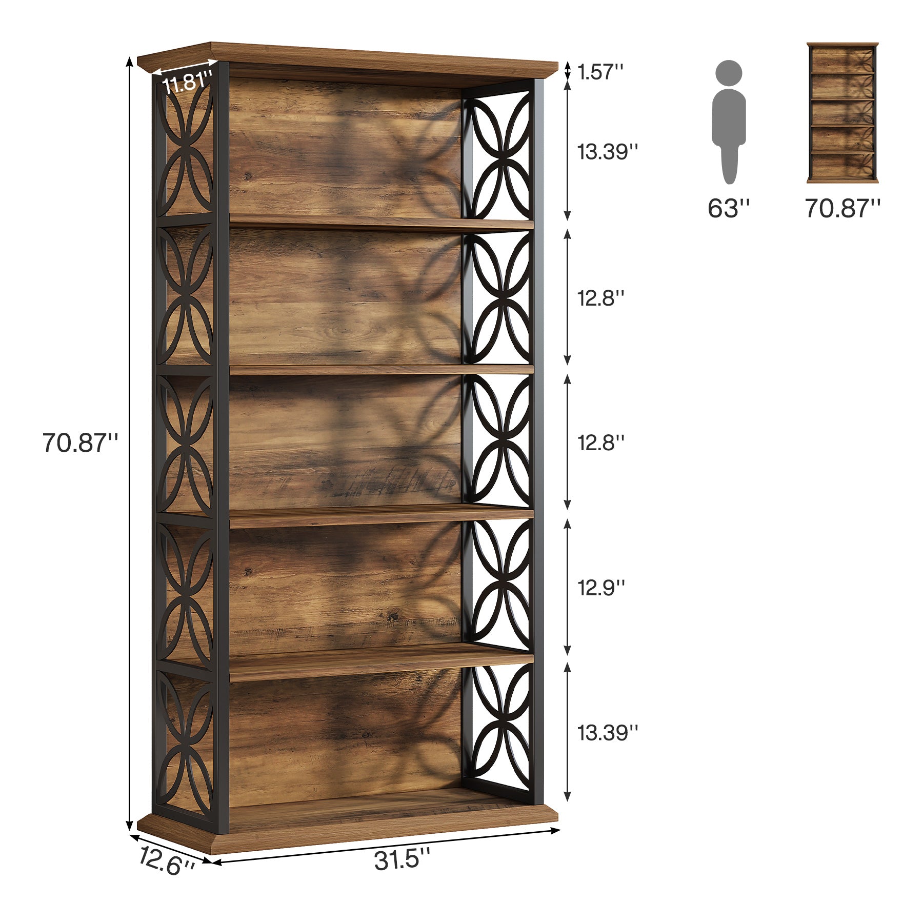 6-Tier Bookshelf, 71" Industrial Bookcase with Open Storage Shelves