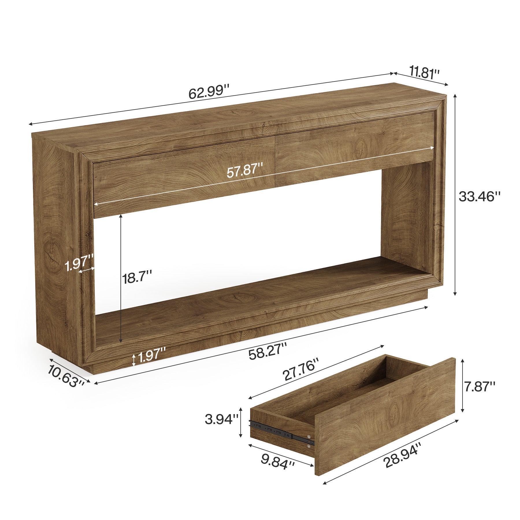 63" Console Table with 2 Drawers and Shelf, Farmhouse Entryway Sofa Table for Hallway