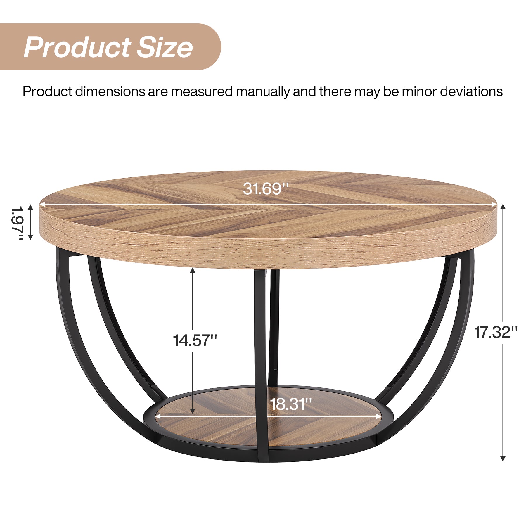 Wooden Coffee Table, 2-Tier Round Central Cocktail Table with Shelves