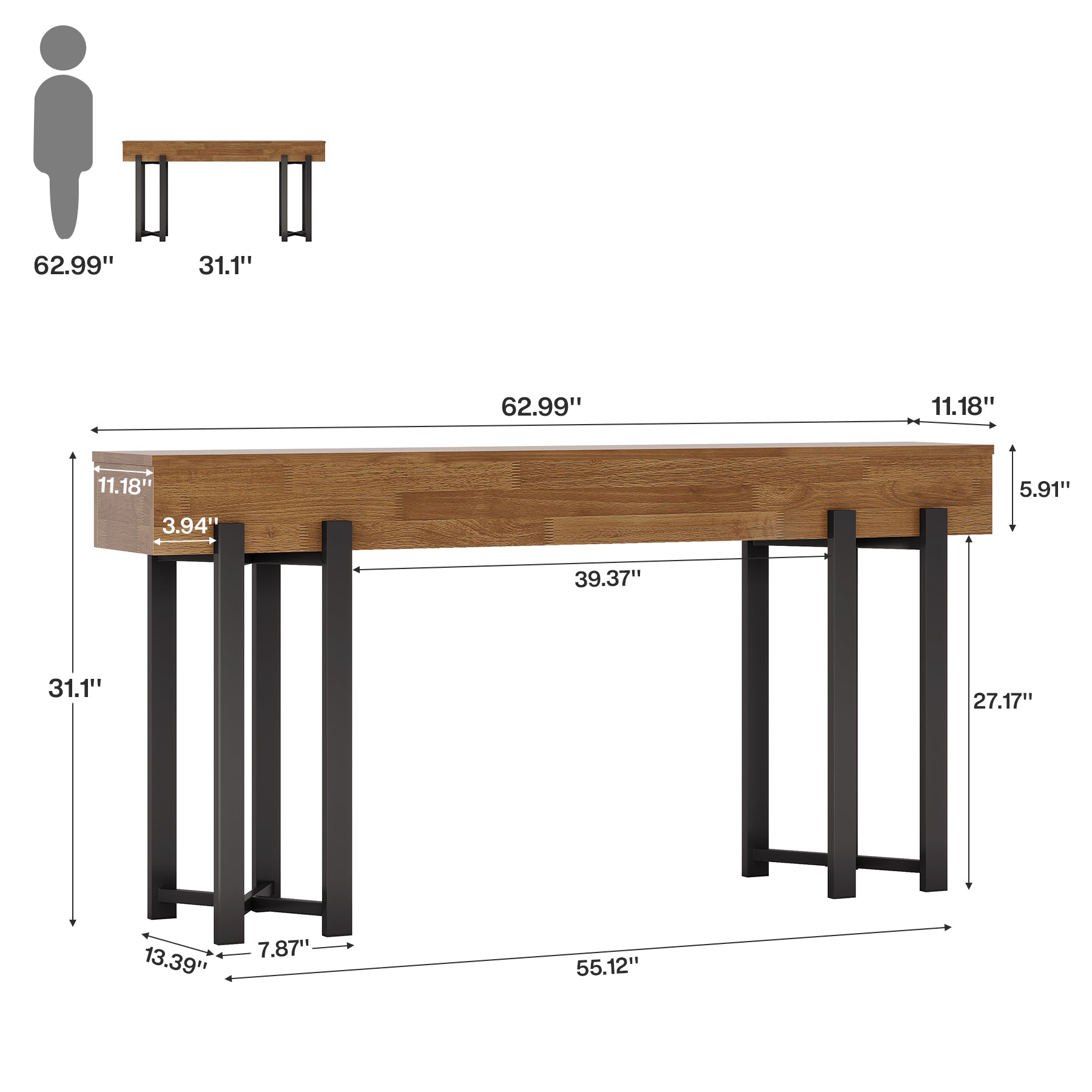 63" Console Table, Farmhouse Sofa Table with Metal Frame for Entryway