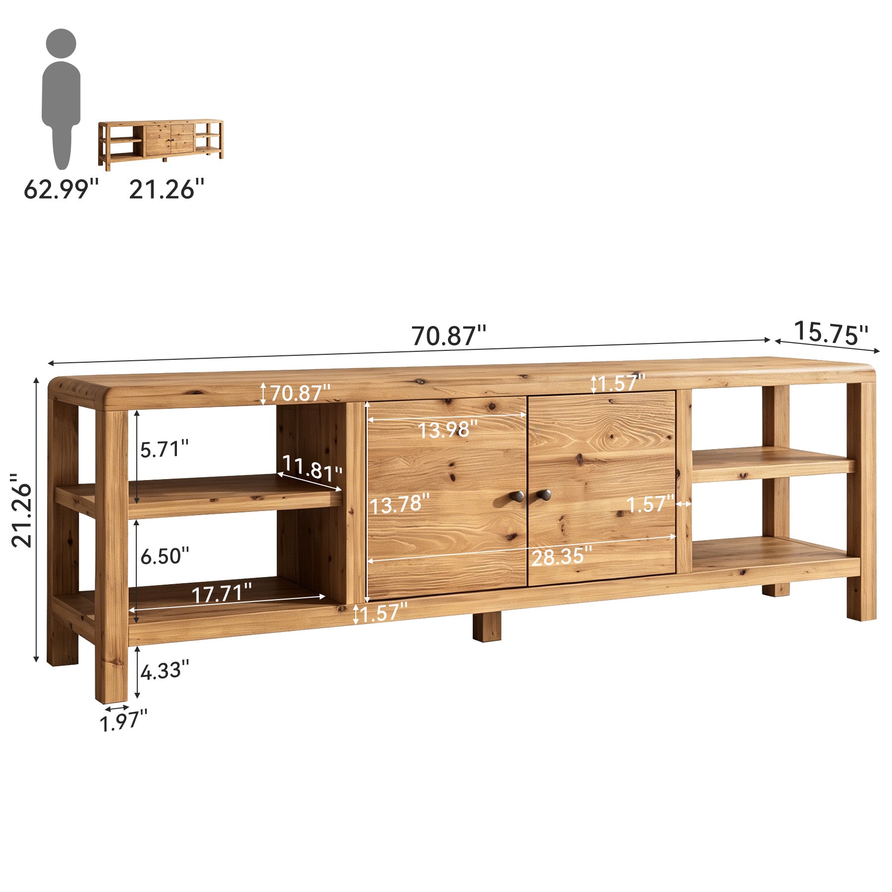 70.9" Solid Wood TV Stand with Door and Storage Shelves for TVs up to 80"
