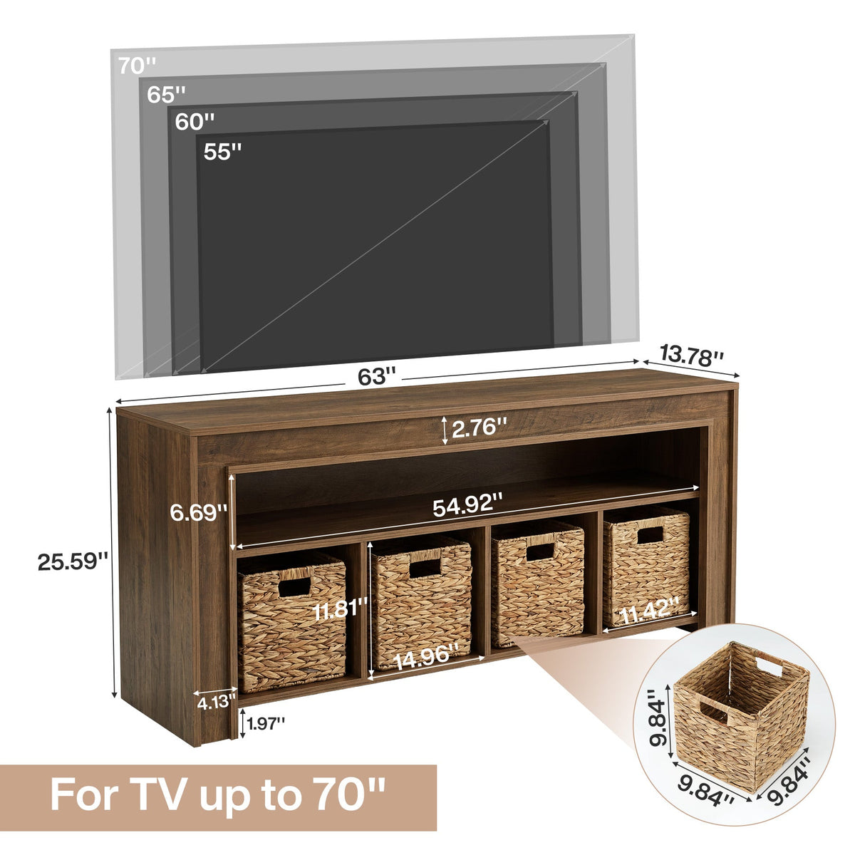 63" Farmhouse TV Stand for 55–70" TVs, Media Console with 4 Woven Baskets & Open Shelf