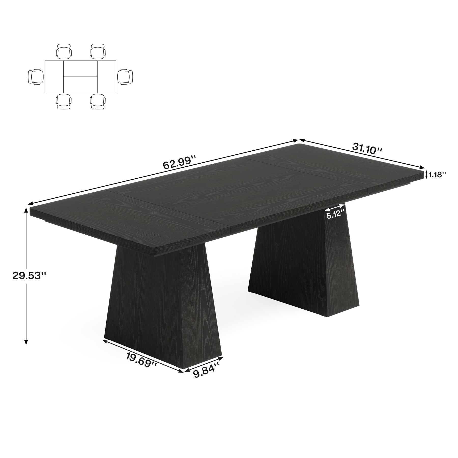 63" Dining Table, Farmhouse Wood Kitchen Table for 6 People