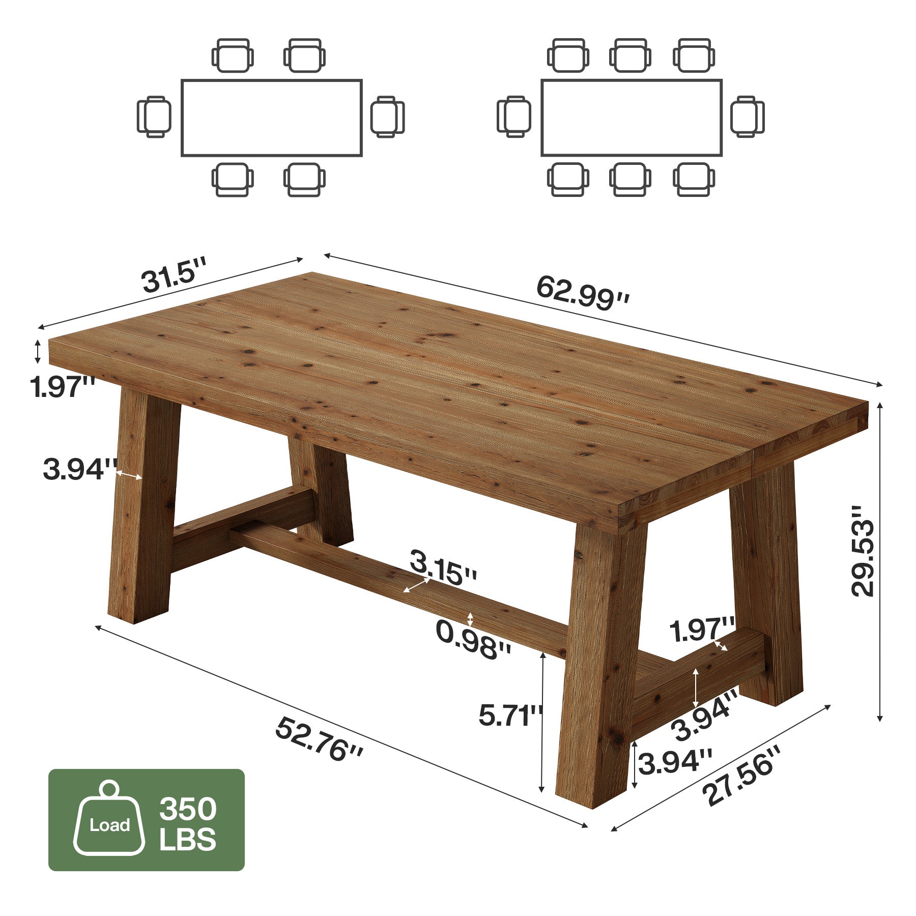 63" Solid Wood Dining Table, Rectangular Kitchen Table for 4-6 People