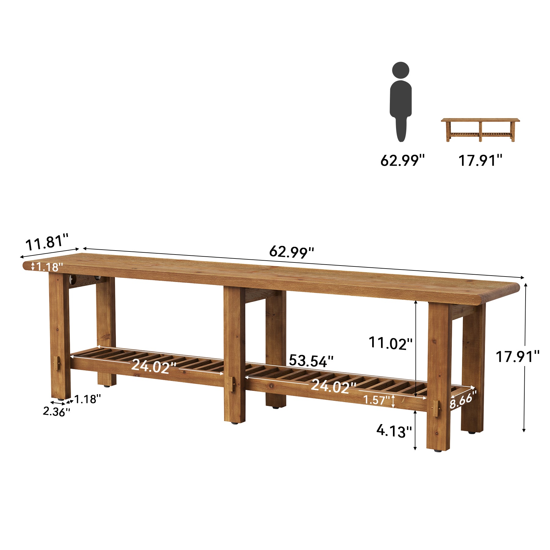 63" Solid Wood Entryway Bench, Narrow End of Bed Bench with Shoe Storage Rack