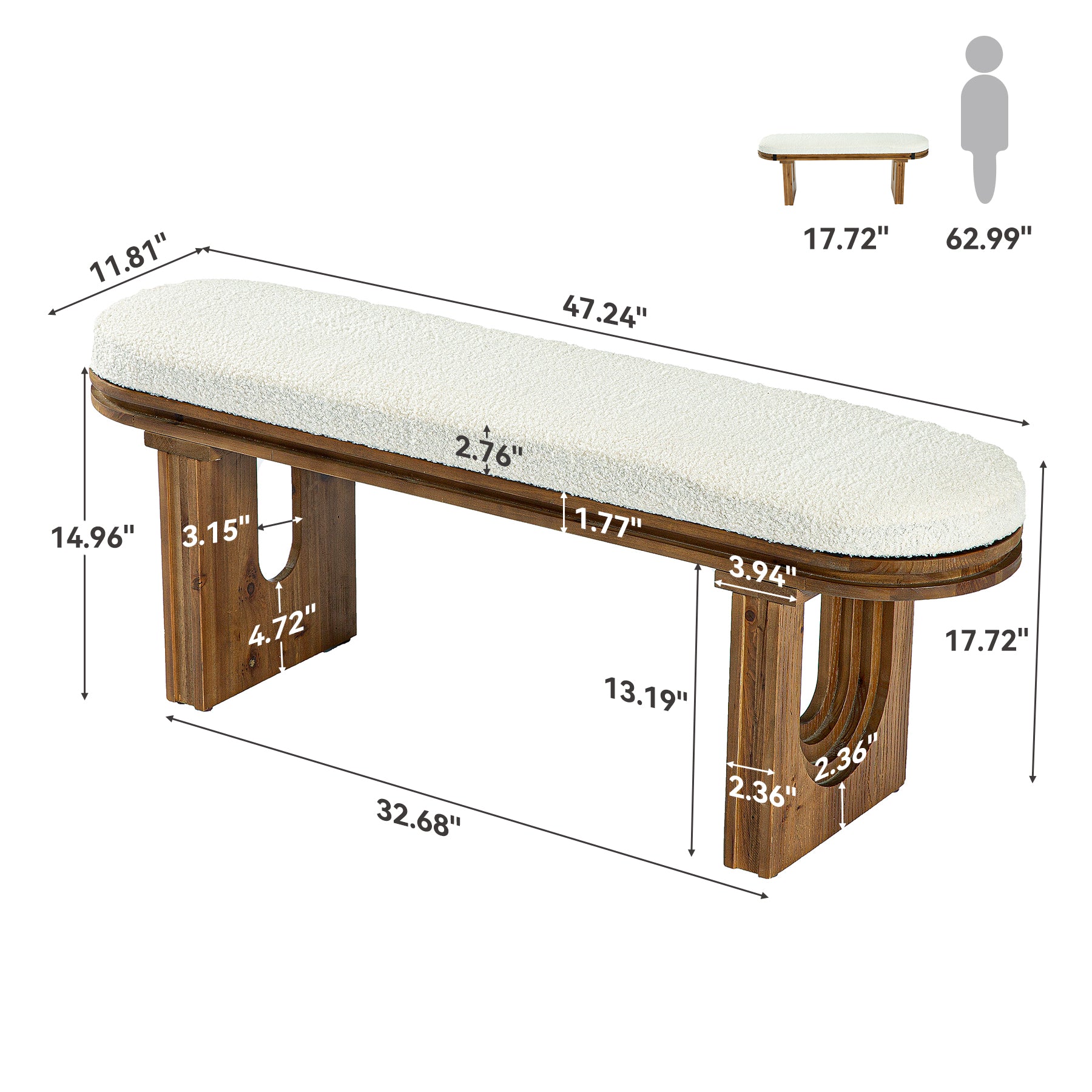 Solid Wood Entryway Bench, 47.24" End of Bed Bench with Upholstered