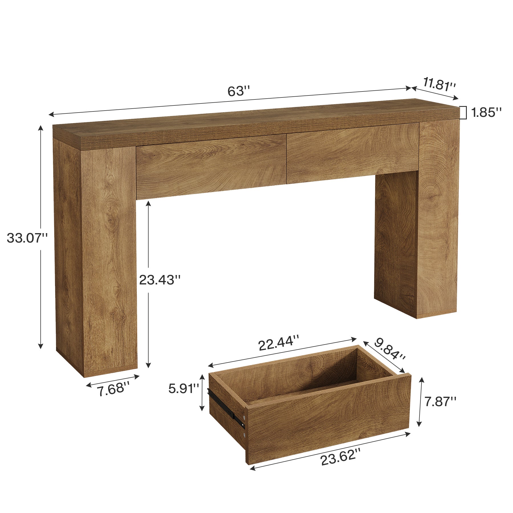 63" Console Table, Rustic Sofa Hallway Table with Drawers